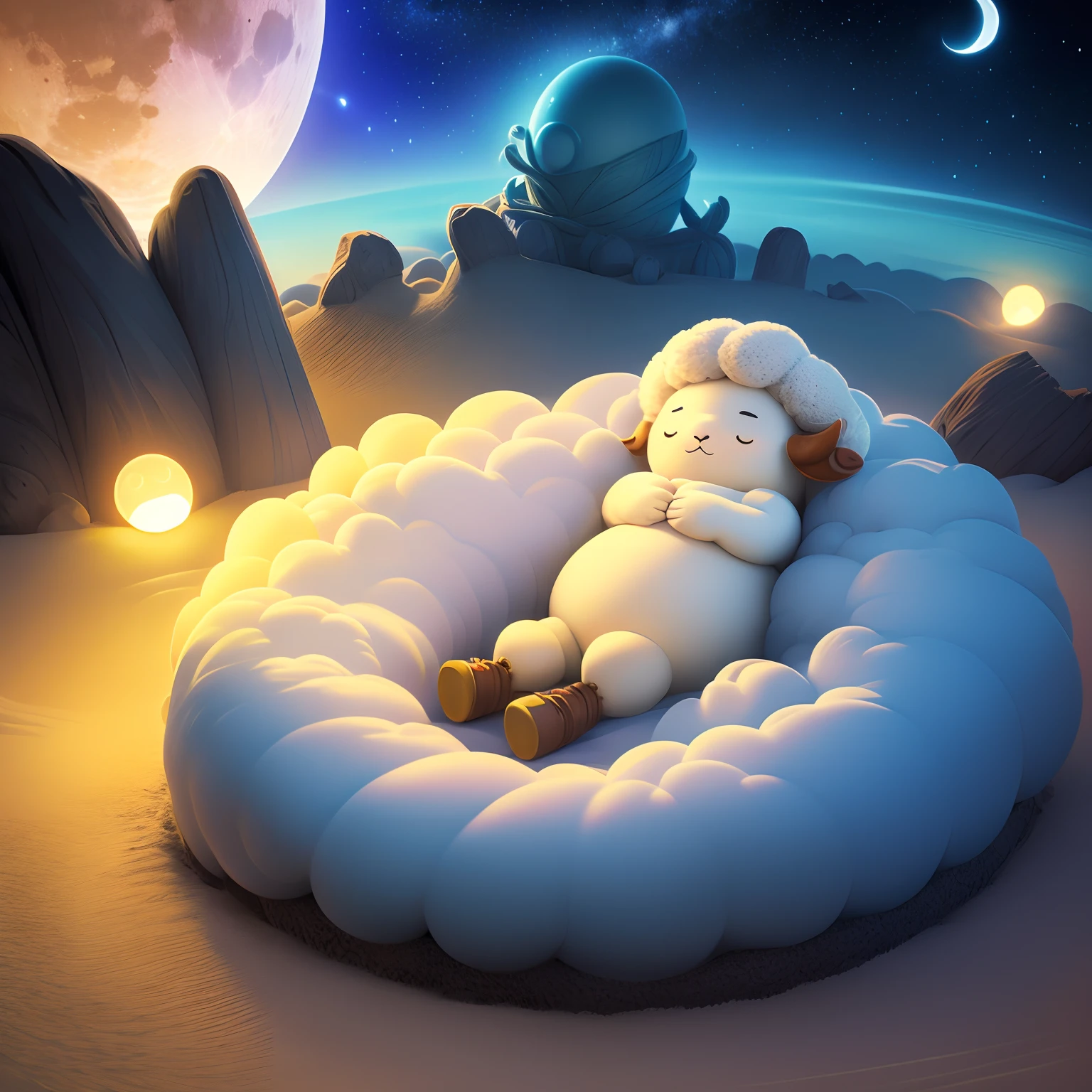 There is a chubby cute sheep sleeping on the moon with a light bulb next to it