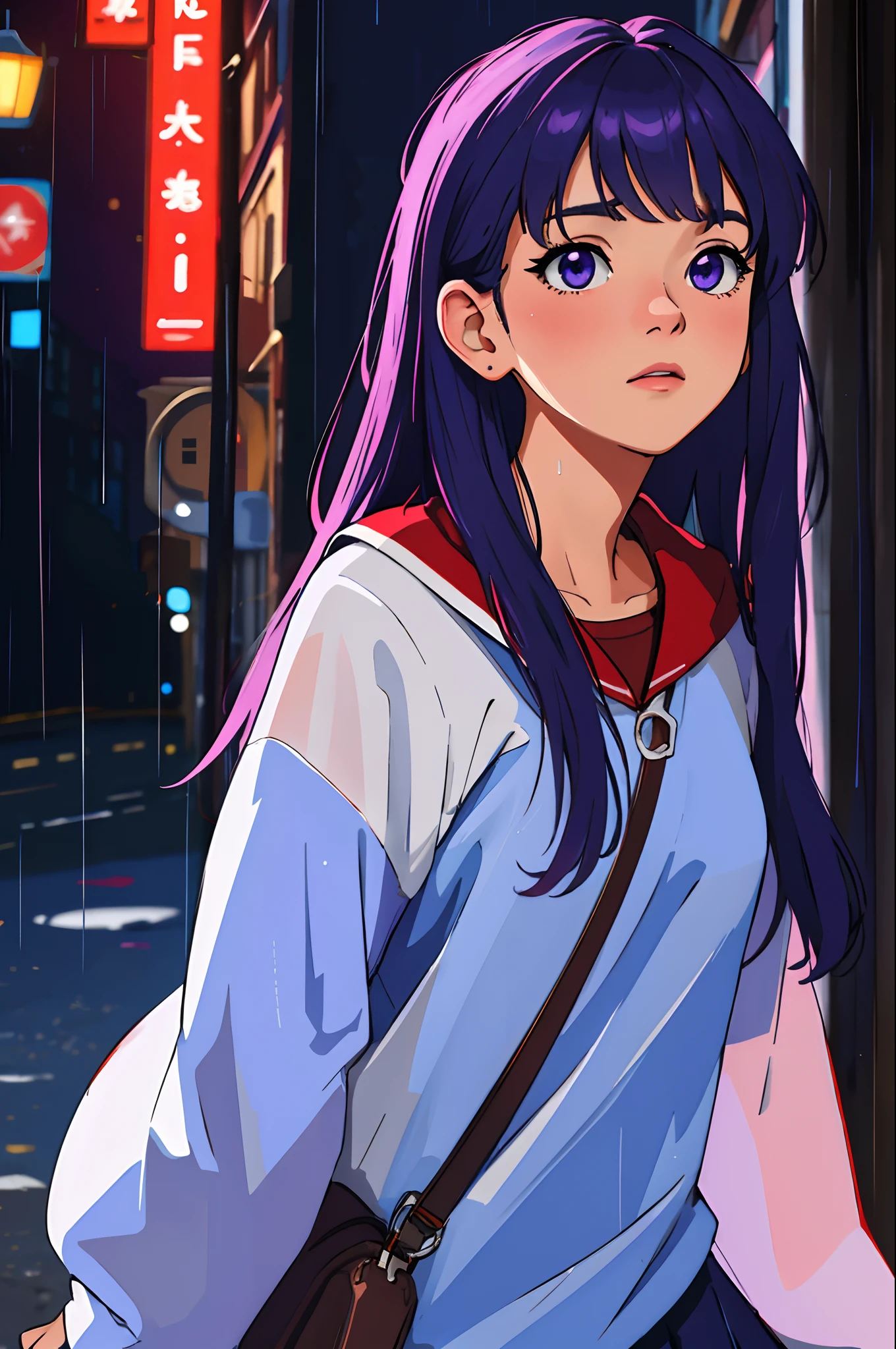 masterpiece, highest quality, realistic, subsurface scattering, chromatic lighting,

colorized, red + white + purple + blue limited color palette, detailed concept drawing, line-art, illustration,
fashion,

close-up of 18yo 1girl,small breasts,
shy,
bangs hair, 
urban outfit,
sleeves,
pleated,
metallic,


city,
school, people,
rain
blurred background