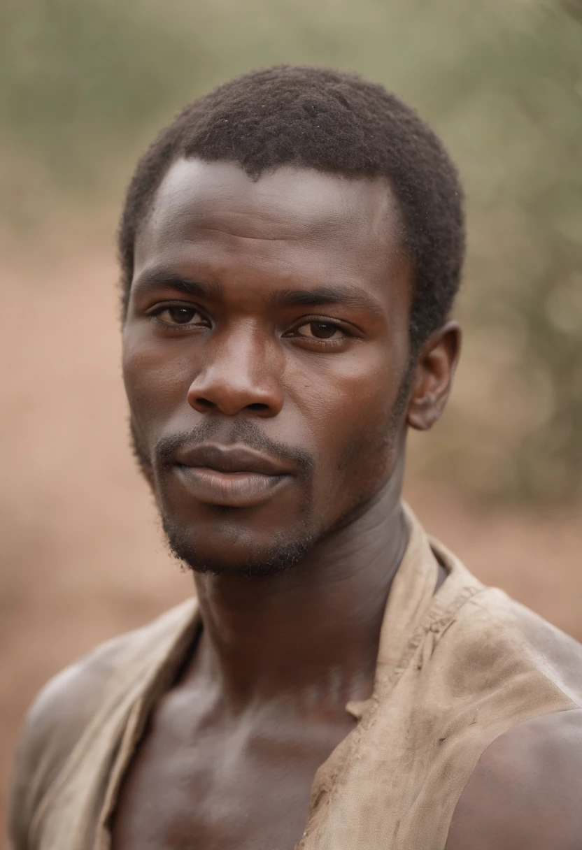 A handsome (african) peasant, mature man, charming, muddy, dirty, raunchy outfit, provocative portrait, perfect face, (homoerotic:1.2), tall and burly, toned body, absurd textures details and quality