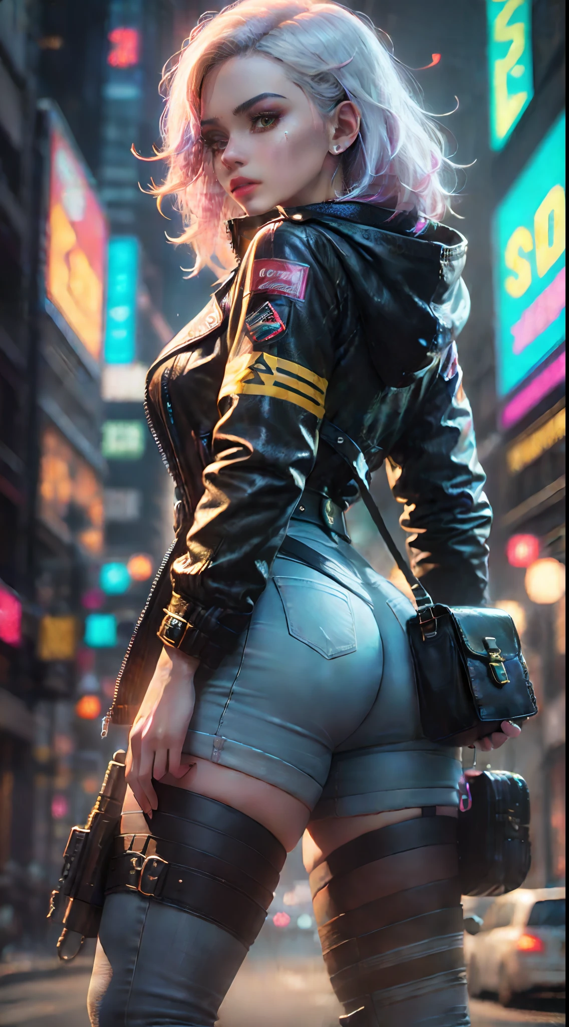 1 Girl wears yellow trench coat short jeans,Cyberpunk 2077,Extreme light and shadow,Aurora chase,extremelycomplicateddetails,Extremely strong reflected light,Extreme ambient light,the city that never sleeps,Analog cameras,rendering by octane,8K,CGSociety trends,Extremely complex and delicate eye structure,facing at the camera,neon light detail,globalillumination,Super delicate facial features,Cold,Equipped with an extremely refined Super Cyberpunk 2077 laser gun,Very detailed pupil structure,Look back at the full body close-up。Neon scene at night,Long neon hair,(Wears a long yellow trench coat🧥:1.3)(Perfect body 1.1)(Height 1.68 meters)Super realistic