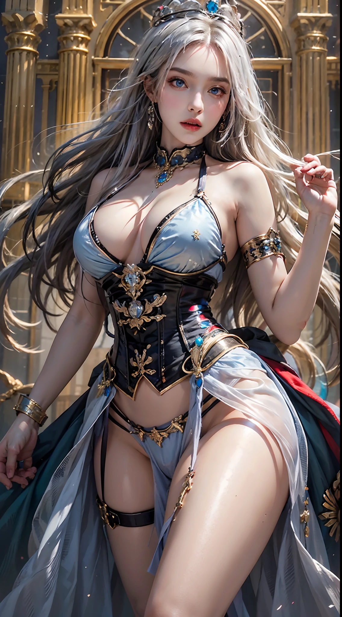 photorealistic, high resolution, soft lights, 1women, solo, hips up, blue eyes, queen crown, queen dress, corset