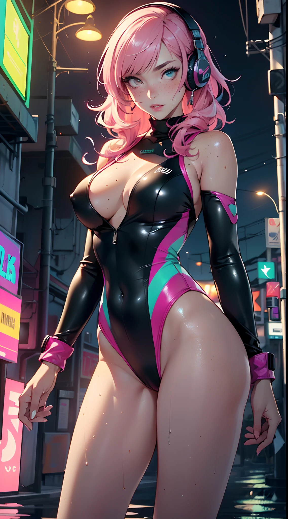 sporty girl,(((1girl))),((girl with bubblegum pink hair and freckles,extremely cute and gorgeous)),
(large breasts:1.4),saggy breasts,(((bubblegum pink hair:1.35,straight hair,long hair:1.4,colored inner hair,ear breathing))),((heterochromia:1.5, (pink_eye and aqua_eye))),(((freckles on the face,freckles,freckled girl))),((fat)),(((lustrous skin:1.5,bright skin: 1.5,skin tanned,shiny skin,very shiny skin,shiny body,plastic glitter skin,exaggerated shiny skin,illuminated skin, wet legs))),(spider lower abdomen,narrow waist,wide hip,athletic body,inflated legs,detailed body,(detailed face)),
cute,slutty,seductive,erotic,(((nsfw))),
zettai ryouiki,((one-piece_swimsuit magenta,wearing a one-piece_swimsuit outfit:1.3,swimsuit type spacesuit,magenta armor swimsuit:1.3)),,(rgb headphones:1.5),((wet clothes,intricate outfit,intricate clothes)),
(dynamic pose:1.0),embarrassed,(centered,scale to fit dimensions,Rule of thirds),
cyberpunk city by the ocean at night, with bright neon signs and dark stormy clouds and puddles, scenery:1.25,
artistic photography,(photography taken by sldr),highres, sharp focus, (ultra detailed, extremely detailed), (photorealistic artwork:1.37),(extremely detailed CG unity 8k wallpaper),((synthwave background theme)),(((vibrant colors))),(intricate background),(masterpiece),(best quality),