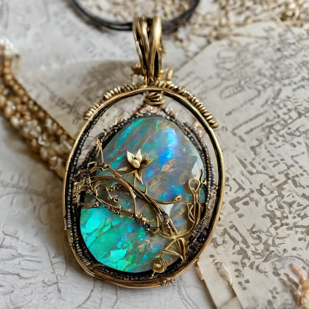 [[Bunny black opal pendant：1.8]] Gold wire woven bunny shape pendant，Rabbit shape， Moon pendant wrapped in wire，There are opal beads， Beautifully structured，High contrast lens, macro photograph, Ukiyo-e, Depth of field, Masterpiece, Super detail, High details, High quality