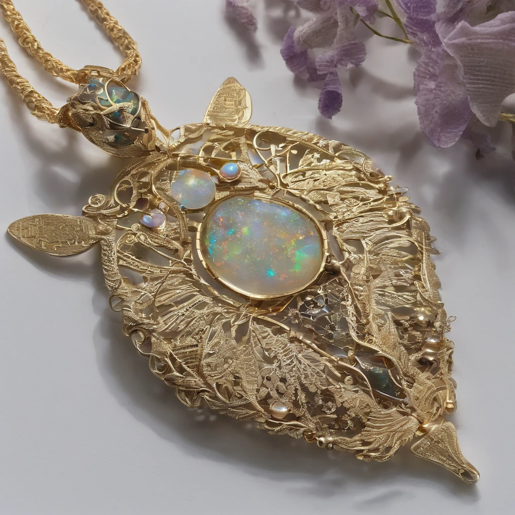 [[Bunny black opal pendant：1.8]] Gold wire woven bunny shape pendant，Rabbit shape， Moon pendant wrapped in wire，There are opal beads， Beautifully structured，High contrast lens, macro photograph, Ukiyo-e, Depth of field, Masterpiece, Super detail, High details, High quality