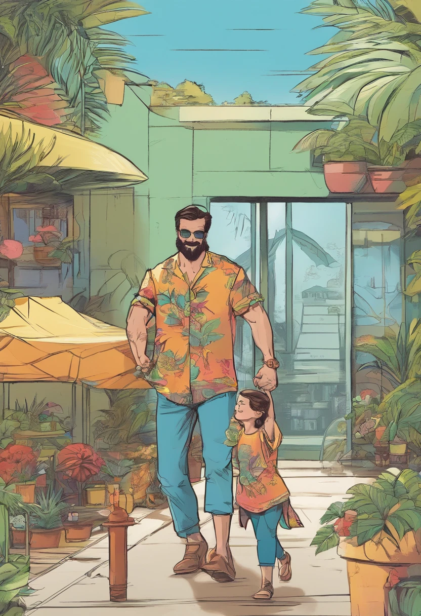 Belle maison tropicale homme qui se balade avec un enfant