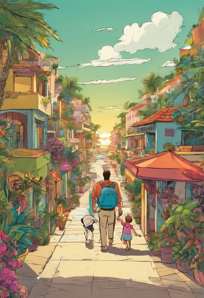 Belle maison tropicale homme qui se balade avec un enfant