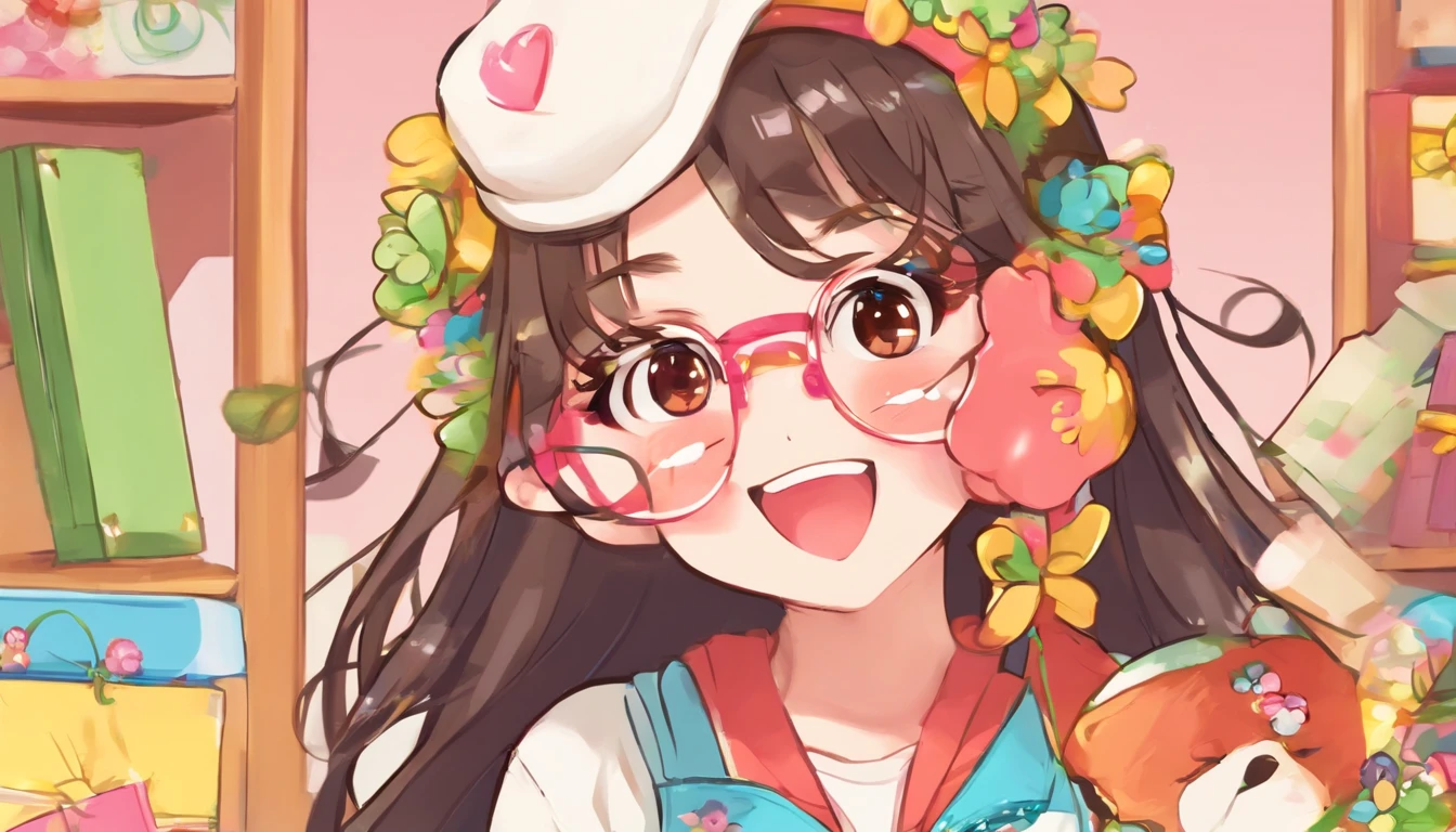 a black, long hair girl with brown eyes whit eyeglasses, happy that open a surprise box