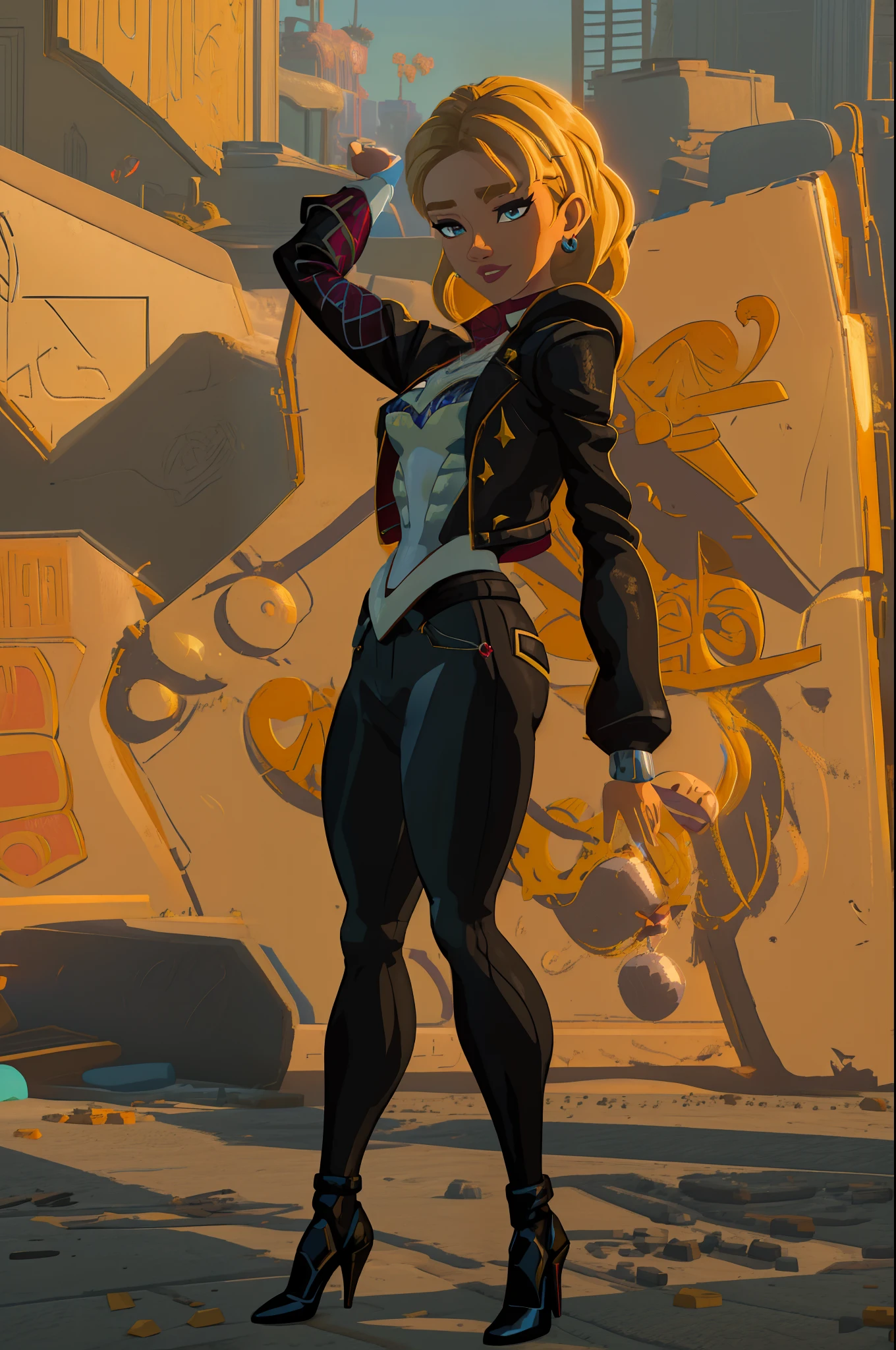 (best quality,4k,8k,highres,masterpiece:1.2),ultra-detailed,(realistic,photorealistic,photo-realistic:1.37),HDR,UHD,studio lighting,ultra-fine painting,sharp focus,physically-based rendering,extreme detail description,professional,vivid colors,bokeh,portraits
(gwen stacy),dancefloor,knitted cap,expensive gold chains,stiletto heels,confident attitude,captivating smile,stunning makeup,perfectly styled hair,diamond earrings,sparkling red lipstick,stylish leather jacket,tattoos,street fashion,casual ripped jeans
(arrogant boss bitch),dominance,powerful persona,aura of authority,atop the hip hop scene,fierce gaze,swagger,commanding presence,magnetic charisma,eyes filled with determination
(selfie pose),arms crossed,head tilted,smirk on face,nailing the perfect angle
(glitchy distorted graffiti wall),colorful spray paint,abstract shapes and lines,enigma of chaos,electric energy,vibrant urban art,broken fragments,rebellious spirit
I want to emphasize the hip hop scene with (gwen stacy) as the central focus. She will be depicted in the highest quality possible, showcasing every detail of her appearance. With a dancefloor as the setting, she will be wearing a knitted cap and adorned with expensive gold chains. Her stiletto heels will add to her confident attitude, while her captivating smile, stunning makeup, and perfectly styled hair will make her appearance unforgettable. Completing her look, she will be wearing diamond earrings, sparkling red lipstick, a stylish leather jacket, and showcasing her tattoos.
As the arrogant boss bitch of the hip hop scene, she will exude dominance and wield a powerful persona. Her aura of authority and fierce gaze will establish her position atop the hip hop hierarchy. With a swagger and commanding presence, she will emit a magnetic charisma, captivating all who see her. Her eyes will be filled with determination.
In a classic selfie pose, Gwen Stacy will stand with her arms crossed and head tilted, botw style