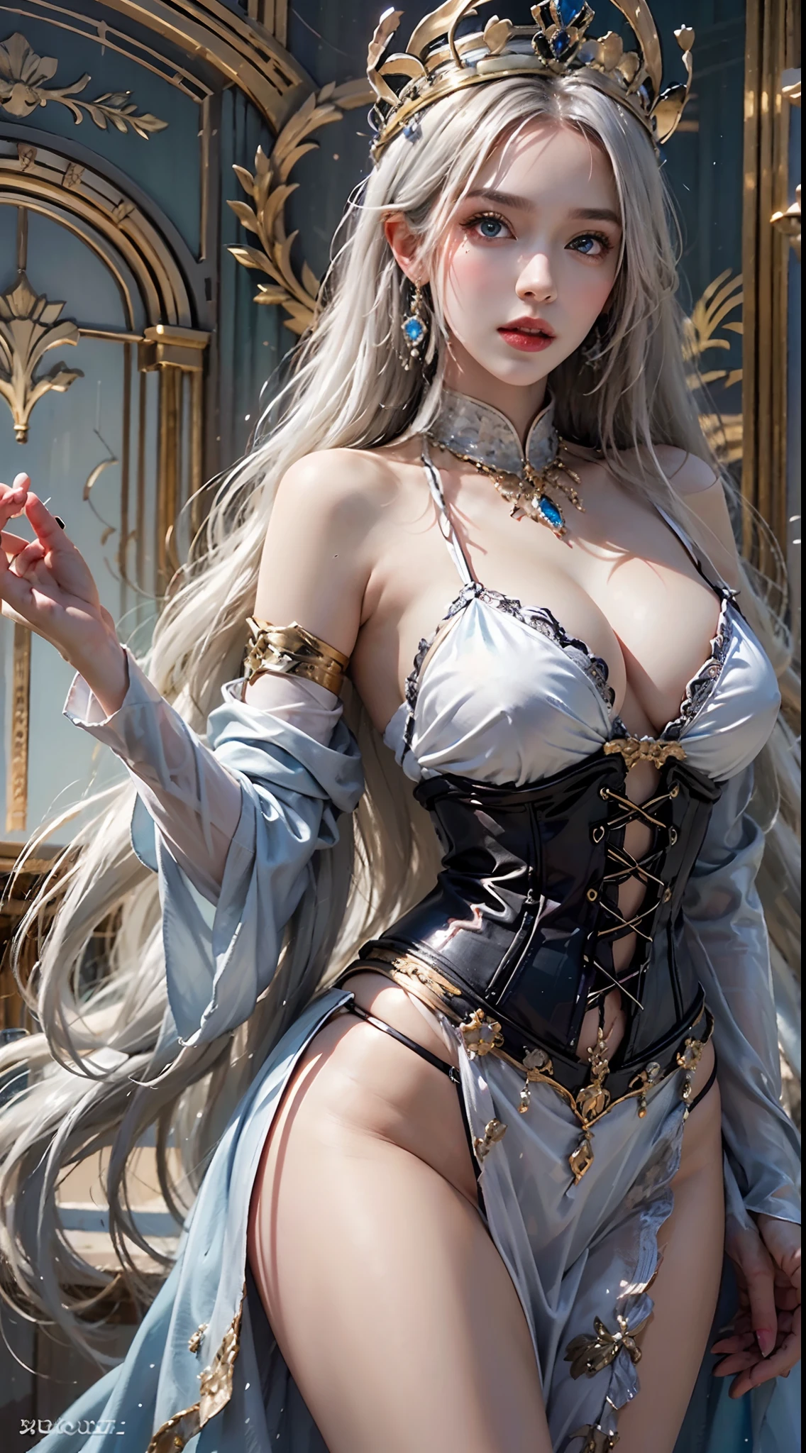 photorealistic, high resolution, soft lights, 1women, solo, hips up, blue eyes, queen crown, queen dress, corset, elegant dress