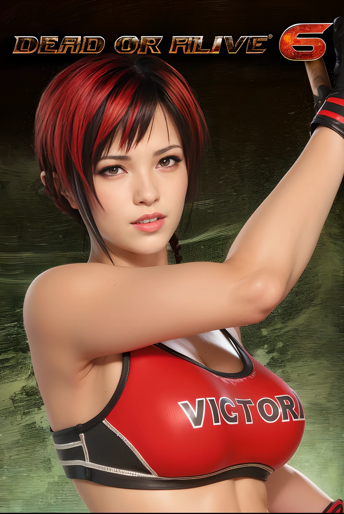 there is a woman in a red top holding a baseball bat, dead or alive 6, portrait of tifa lockhart, as a character in tekken, tifa lockhart portrait, seductive tifa lockhart portrait, tifa lockhart, tifa, yayoi kasuma, fighting game character, hints of yayoi kasuma, tifa lockheart, Mila from dead or alive