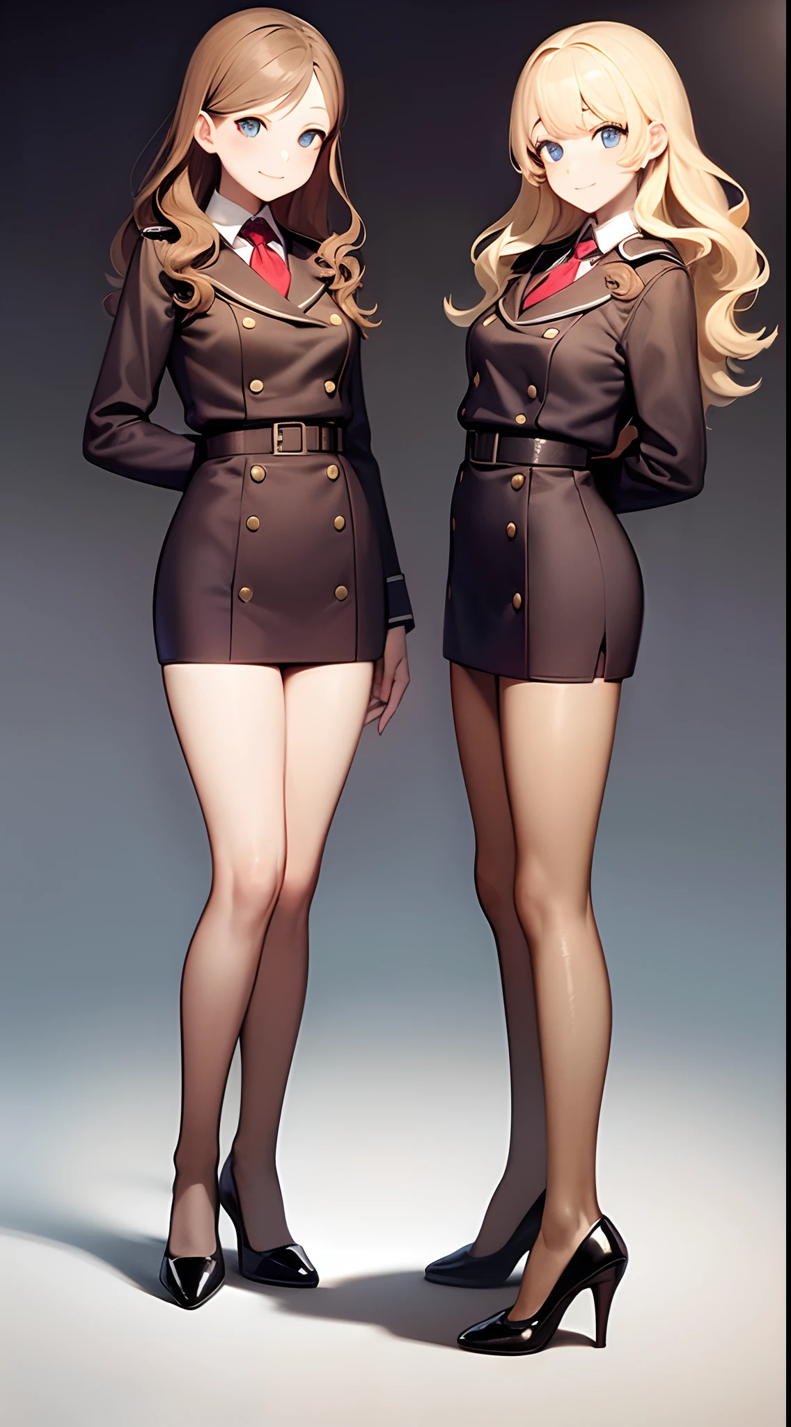 Masterpiece, high quality, 2girls, duo, 17 year old sisters, identical twins, identical sisters, brown hair, blonde hair, curly hair, matching hairstyles, hazel eyes, medium sized bust, (blue stewardess uniforms, black high heels, matching outfits), smile, flat_color, full body, seductive pose, duo pose