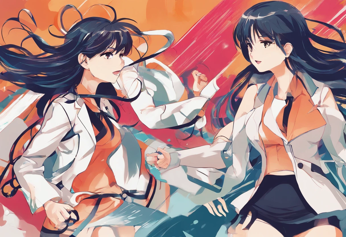 2girls,(Fight with another person:1.5),Trench coat,Bikini
