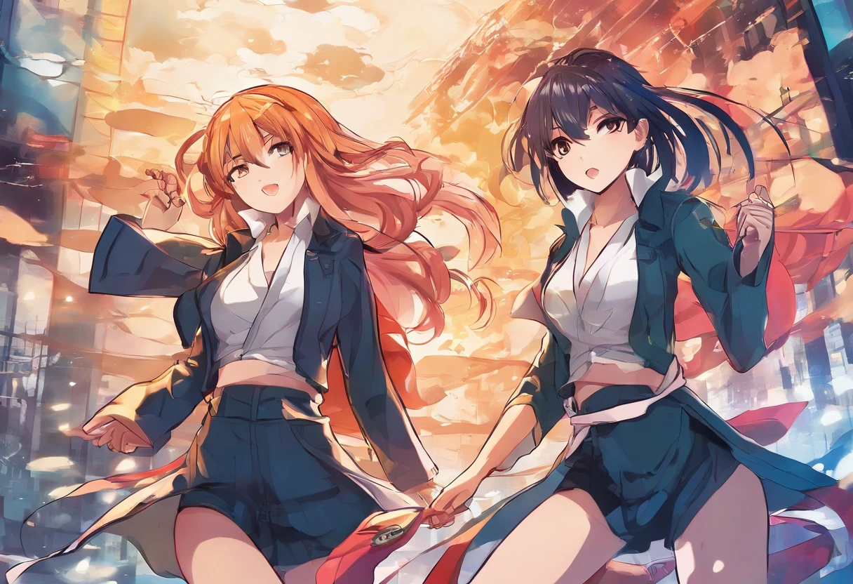 2girls,(Fight with another person:1.5),Trench coat,Bikini