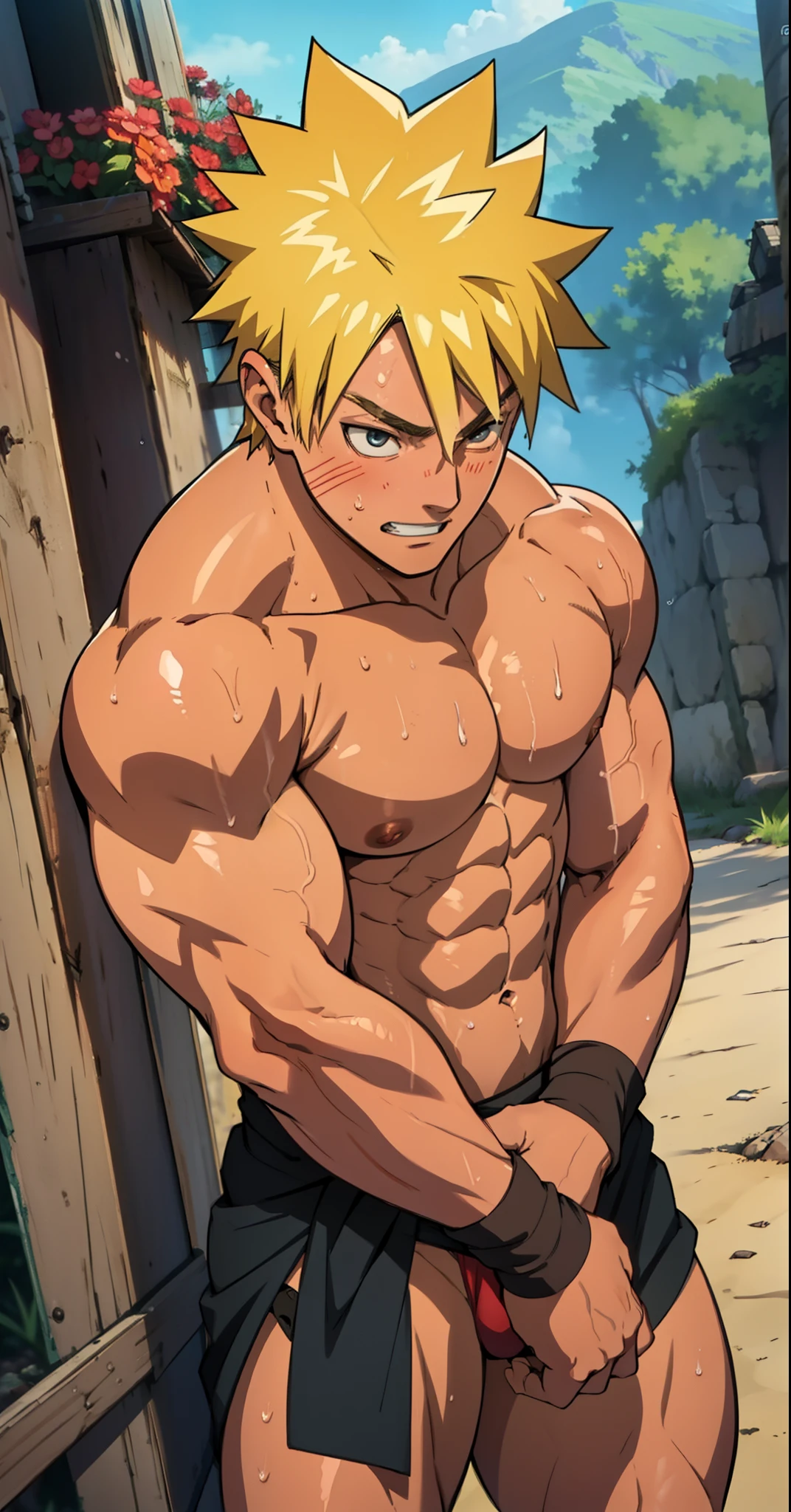 (close up) boy was shy and blushed (photo subject: Close-up of muscular thigh muscles ) (photo angle from bottom up) (photo angle from the ground upwards) [Anime photo][highest quality photo][4k,HD photo quality ] wear tight and short loincloths soaking wet,the loincloth bulges due to the erect male genitals  (muscular thigh muscles, firm thigh muscles, muscular thigh muscles, sinewy thigh muscles, giant thigh muscles, strong leg muscles, muscular hamstring leg muscles) , Boruto fun, happy ,delighted, bodybuilder,bodybuilding, standing, red skin, pink skin, tanned skin ,shiny skin ,reddish brown skin, lots of sweat flowing down, topless, shirtless, hot sunny,  hands behind head