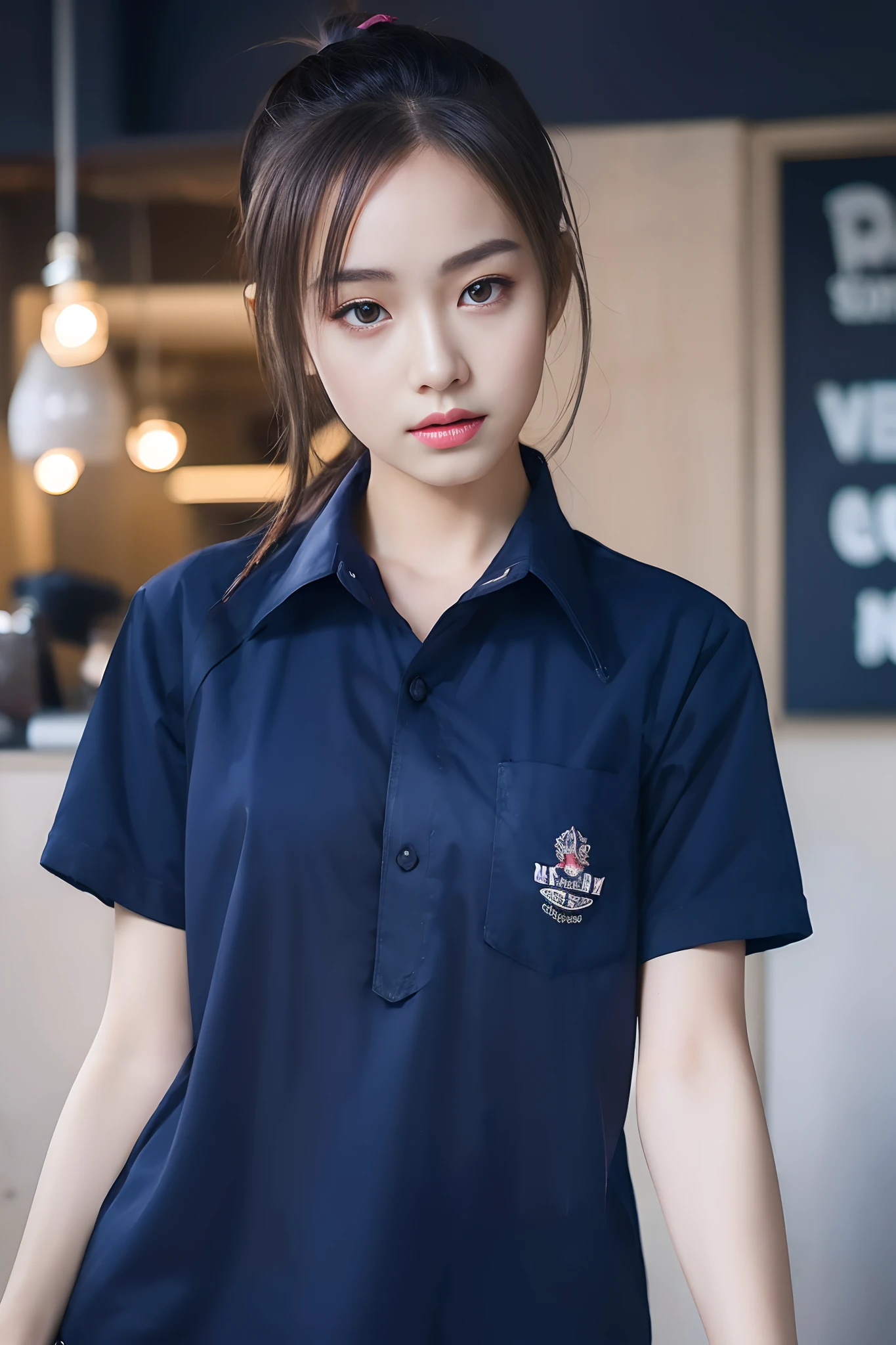 masterpiece, best quality, ultra realistic, hyper-detailed, 8k resolution, RAW photo, sharp focus, (2 girl in coffee shop), ((navy shirt:1.1)), short sleeves, long trackpant, perfect body, 2 mature female, 18yo, cinematic light