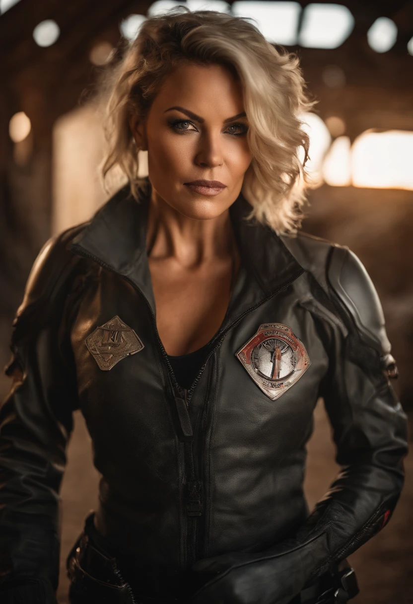 RAW photo, Post-apocalyptic, close-up portrait photo of a curvy 42 yo Texas girl with Edgy Inverted Bob in a silver flight suit with red lights a Space Force logo on chest, tattoos, Champagne blond hair, in tattered dirty clothes, leathery skin, rugged, eyes that have seen too much, battle-worn, a fiery desert landscape, dust storms, a blazing sun, intense color, (high detailed skin:1.2), 8k uhd, dslr, soft lighting, high quality, film grain, Fujifilm XT3