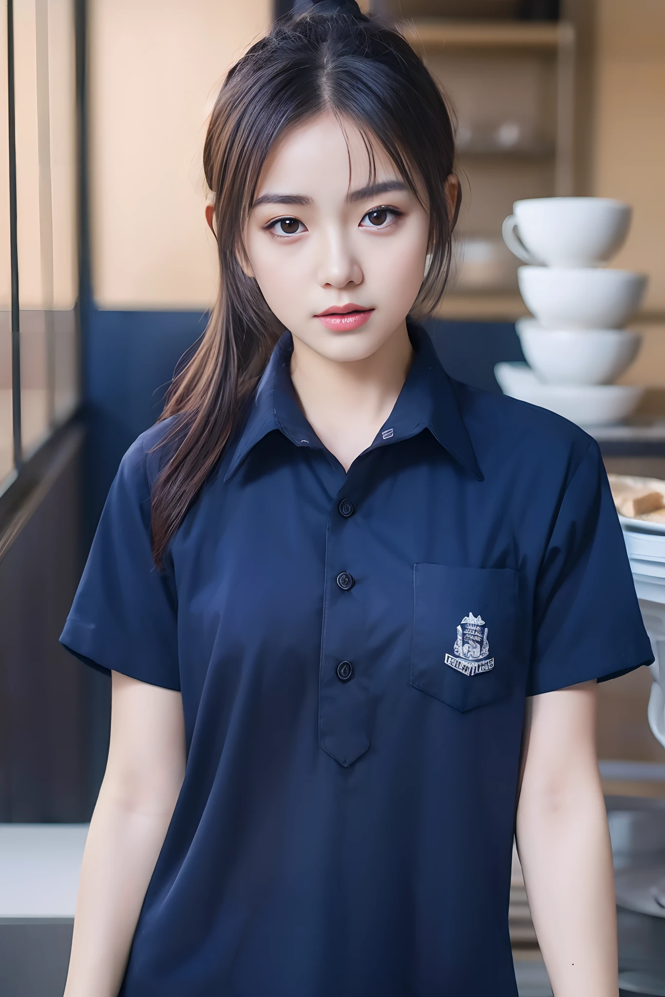 masterpiece, best quality, ultra realistic, hyper-detailed, 8k resolution, RAW photo, sharp focus, (2 girl in coffee shop), ((navy shirt:1.1)), short sleeves, long trackpant, perfect body, 2 mature female, 18yo, cinematic light