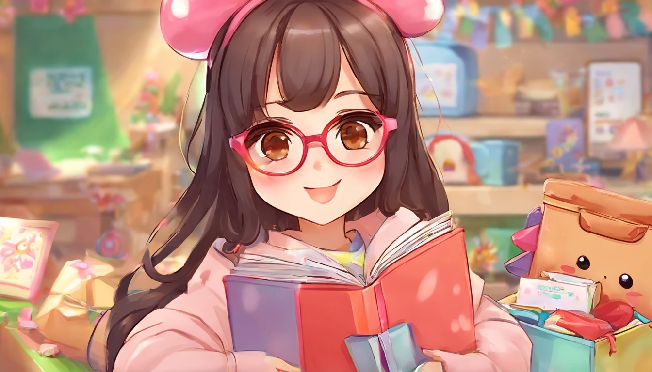 a black, long hair girl with brown eyes whit eyeglasses, happy that open a surprise box