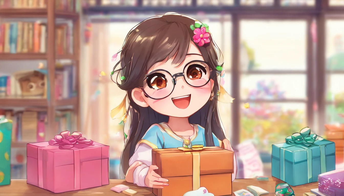 a black, long hair girl with brown eyes whit eyeglasses, happy that open a surprise box