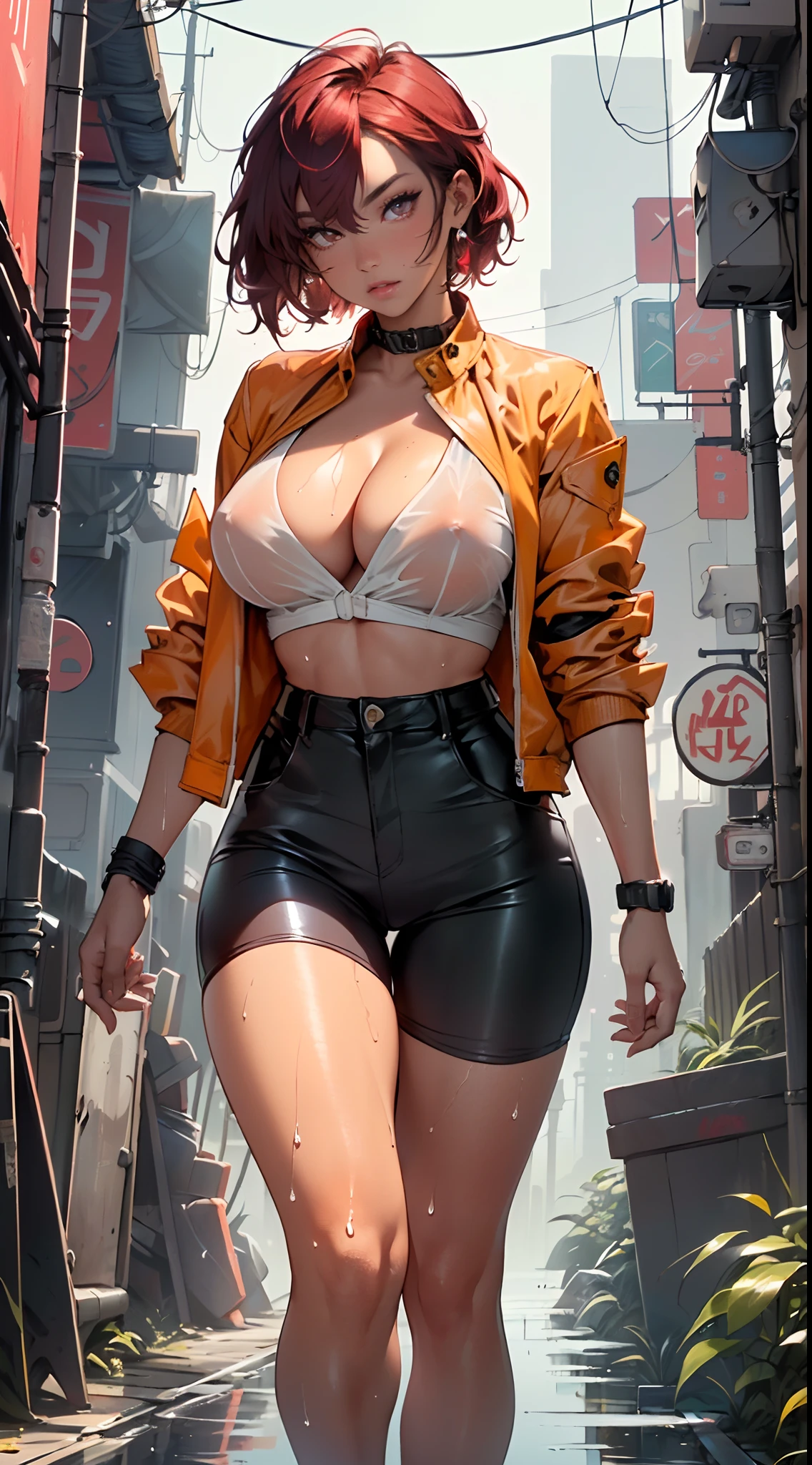 mechanical girl,(1girl: 1.3),((1 black girl with extremely cute and beautiful red hair)),((((black race)))),

(big breasts: 1.4),sagging breasts,(((short red hair: 1.35,cropped,redhead,very short hair))),((heterochromia:1.5, (orange_eye and red_eye))),intricate eyes,beautiful detailed eyes,symmetrical eyes,(fat),((((tan,dark skin,black skin:1.35,dark-skinned_female,dark skin:1.3,ebony skin,lustrous skin:1.5,bright skin: 1.5,shiny skin,very shiny skin,shiny body,illuminated skin,wet legs)))),(spider lower abdomen,narrow waist,wide hip ,athletic body,inflated legs,delicate and detailed fingers,detailed body,(detailed face)),((muscle legs)),((muscular thighs)),((muscular girl)),((strong and muscular,bodybuilder,strong body,muscular,feminine and muscular)),((ABS)),(huge stature,tall stature,very tall girl),

cute,slutty,sensual,seductive look,seductive,erotic,((nsfw)),

(fitted overalls: 1.3,suit unbuttoned),(((mechanical tools on his clothing,cyberpunk clothes))),(((huge cleavage))),((wet clothes,intricate outfit,intricate clothes)),

(dynamic pose:1.0),embarrassed,(centered,scale to fit dimensions,Rule of thirds),

cyberpunk city by the ocean at night, with bright neon signs and dark stormy clouds and puddles, scenery:1.25,

artistic photography,(photography taken by sldr),highres, sharp focus, (ultra detailed, extremely detailed), (photorealistic artwork:1.37),(extremely detailed CG unity 8k wallpaper),((synthwave background theme)),(((vibrant colors))),(intricate background),(masterpiece),(best quality),