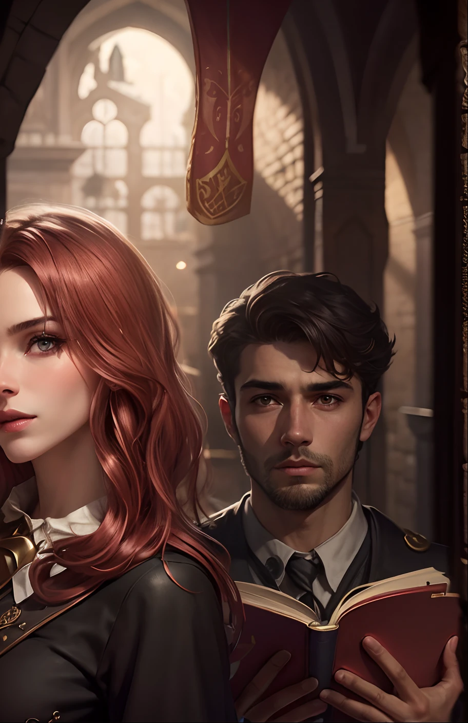 Uma mulher de cabelo cacheado e castanho olhando para o espectador, The background is seen from inside a castle, homem bonito de cabelo preto e olhos vermelhos segurando um livro