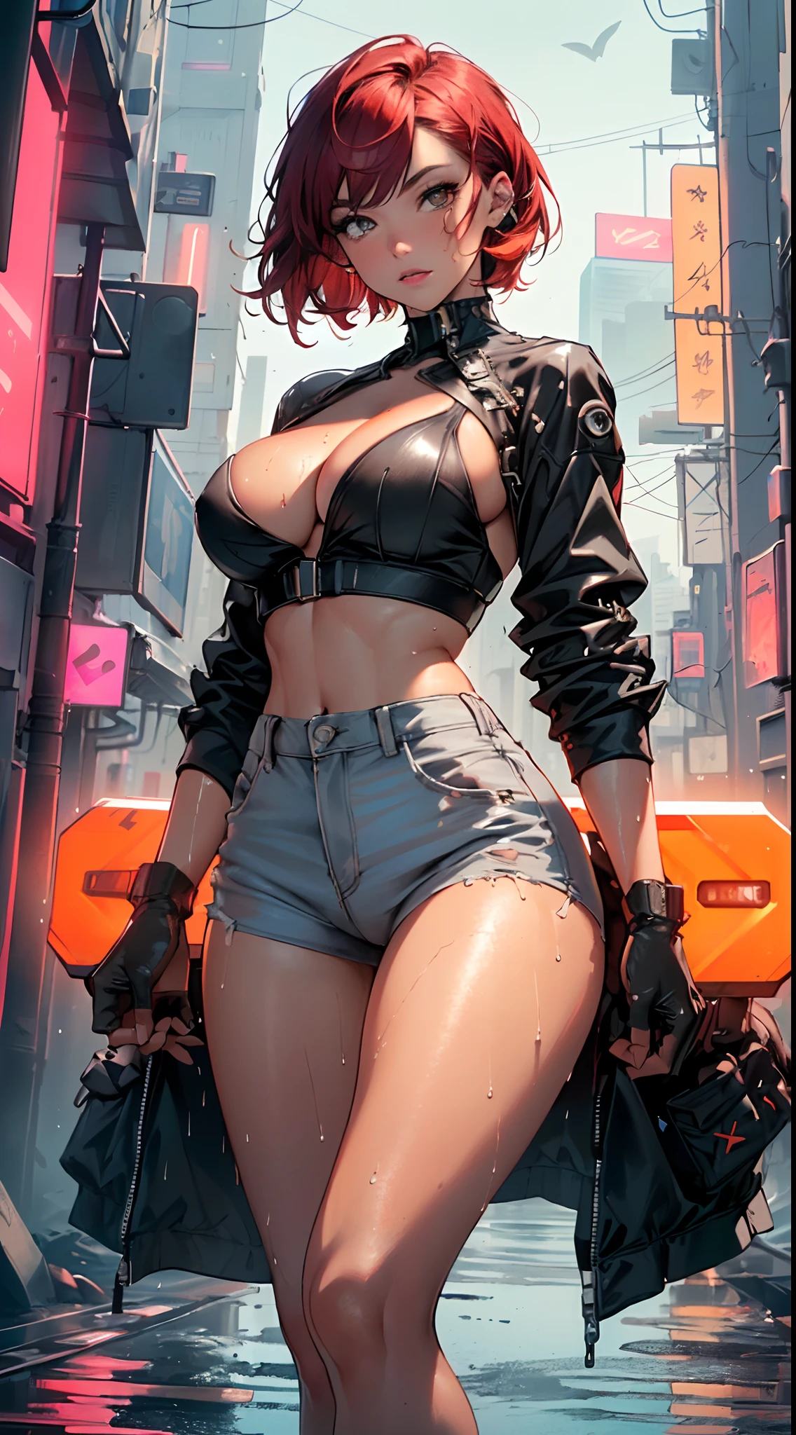 mechanical girl,(1girl: 1.3),((1 black girl with extremely cute and beautiful red hair)),((((black race)))),

(big breasts: 1.4),sagging breasts,(((short red hair: 1.35,cropped,redhead,very short hair))),((heterochromia:1.5, (orange_eye and red_eye))),intricate eyes,beautiful detailed eyes,symmetrical eyes,(fat),((((tan,dark skin,black skin:1.35,dark-skinned_female,dark skin:1.3,ebony skin,lustrous skin:1.5,bright skin: 1.5,shiny skin,very shiny skin,shiny body,illuminated skin,wet legs)))),(spider lower abdomen,narrow waist,wide hip ,athletic body,inflated legs,delicate and detailed fingers,detailed body,(detailed face)),((muscle legs)),((muscular thighs)),((muscular girl)),((strong and muscular,bodybuilder,strong body,muscular,feminine and muscular)),((ABS)),(huge stature,tall stature,very tall girl),

cute,slutty,sensual,seductive look,seductive,erotic,((nsfw)),

(fitted overalls: 1.3,suit unbuttoned),(((mechanical tools on his clothing,cyberpunk clothes))),(((huge cleavage))),((wet clothes,intricate outfit,intricate clothes)),

(dynamic pose:1.0),embarrassed,(centered,scale to fit dimensions,Rule of thirds),

cyberpunk city by the ocean at night, with bright neon signs and dark stormy clouds and puddles, scenery:1.25,

artistic photography,(photography taken by sldr),highres, sharp focus, (ultra detailed, extremely detailed), (photorealistic artwork:1.37),(extremely detailed CG unity 8k wallpaper),((synthwave background theme)),(((vibrant colors))),(intricate background),(masterpiece),(best quality),