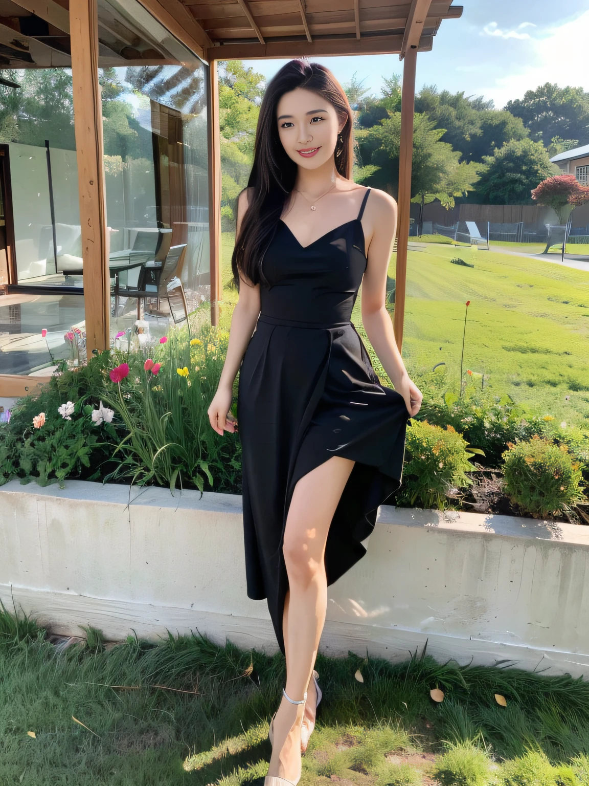 ,Masterpiece, Best quality,8K, 超高分辨率,Reallightandshadow,Cinema lenses,(beautidful eyes:1.1), ((中景 the scene is,The upper part of the body)),dynamicposes,On a green meadow,The gentle goddess came with gentle steps。She wore a black dress,A gentle breeze blows,The skirt dances lightly。The sun shone through the leaves in her hair,Reflecting her clear eyes and gentle smile。Colorful butterflies flutter around her,Flowers bloomed at her feet,It was as if nature was cheering for her。