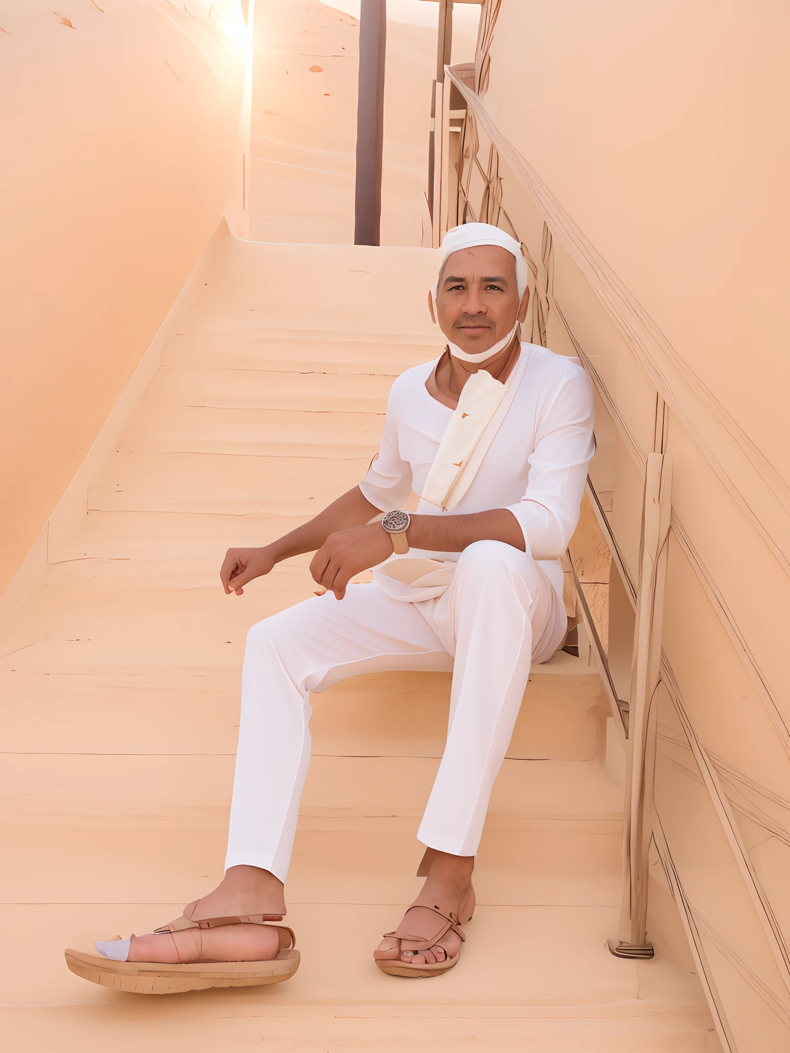 closeup portrait of a man in robes standing on a desert dune, lens flare, sandals, bandana