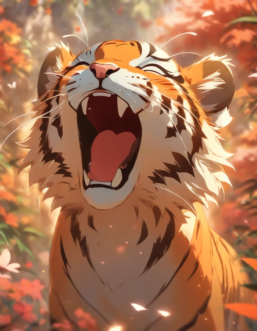 a sence of awe and wonder, a small tiger cub yawning, ((yawning:1.4)) mouth wide open , teary eyes, beautiful nature , warm colors, magical , butterflies in the background