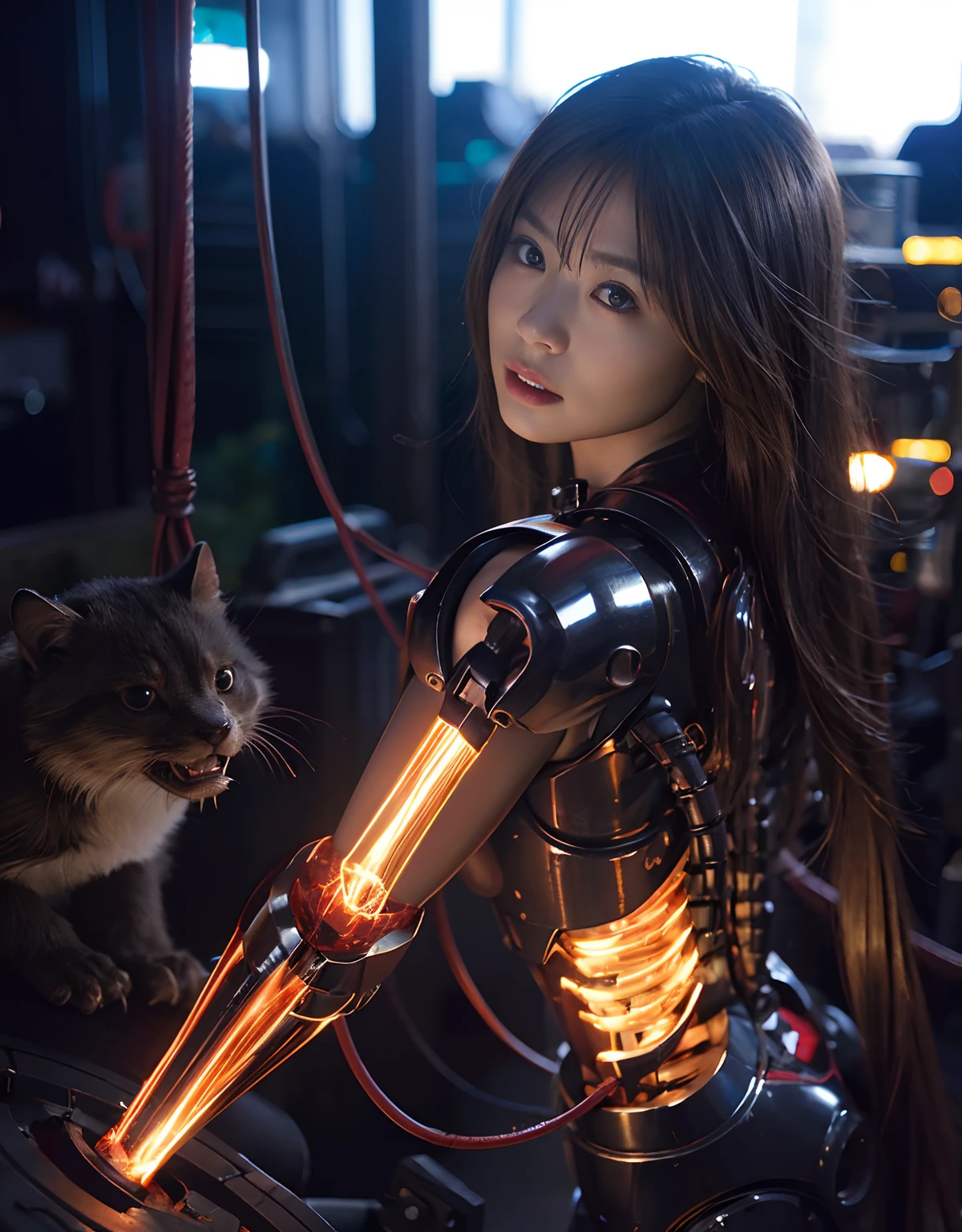 (1 Mechanical Girl)、top-quality、masterpiece、超A high resolution、(Photorealsitic:1.4)、Raw photo、女の子1人、Golden hair、glowy skin、(((1 Mechanical Girl)))、With a beautiful knife、(Blue Metal Bodysuit)、(Fight fiercely against aliens)、Fight fiercely、(beautiful forest background)、(Fighting Demonic Beasts)、(Small LED)、((super realistic details))、portlate、(Strong giant demon beast background),globalillumination、Shadow、octan render、8K、ultrasharp、Colossal tits、Raw skin is exposed in cleavage、metals、Details of complex ornaments、Japan details、highly intricate detail、Realistic light、(Mystical expression),CGSoation Trends、Red Eyes、radiant eyes、Facing the camera、neon details、(Mechanical limbs)、(blood vessels connected to tubes)、Mechanical vertebrae attached to the back、mechanical cervical attaching to neck、(Wires and cables connecting to the head)、Gundam、Small LED、,Mechanical thighs、Toostock、(Hands are also made of machines)、(Attack of the Monster Beasts)、(Wounded in a deadly battle)、