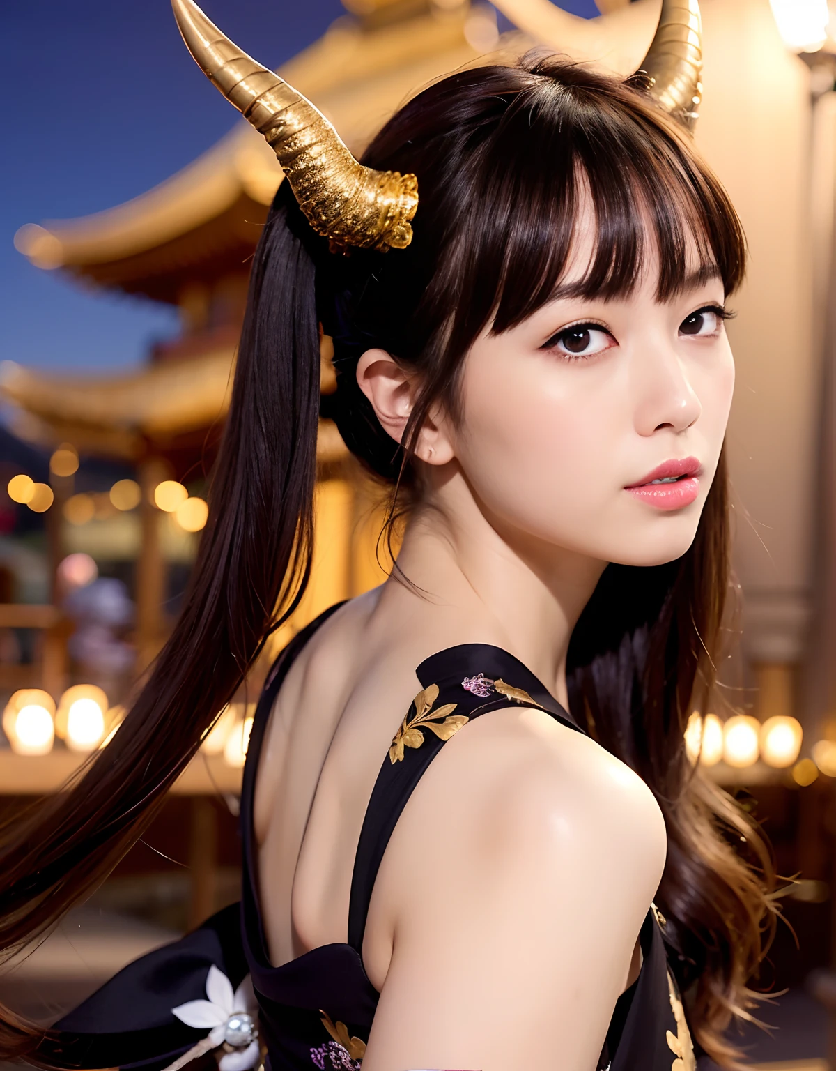 ((World of Darkness)),Professional , masterpiece、top-quality、photos realistic , depth of fields 、(sexypose)、(Black maple on the background of full bloom),(Ultimate Beauty)、A dark-haired、(shrine background)、(Kimono with beautiful pattern)、(Night background)、Beautiful hair ornament on the head、,(intense fighting),((Precipitous cliffs)),(Wear a beautiful kimono),(Wear a beautiful kimono with colorful floral patterns)、(Japan Castle Background)、Jewel Gold Weapon、Particles of light),(intense fighting)、Gorgeous gold weapons ,Castle background、(( Gorgeous Dragon Sword)) , (a dark night),,(maikurobikini) 、((Black Haired Beautiful Girl))、(Castle background)、(demonic wings)、((Gangle's forest background))、Beautiful Caucasian beauty、1a person、dynamic ungle,(((Two devil's horns on the head)))、Smaller head、Idle Smile、Thin and beautiful female hands、Mystical expression、Light Effects、intense fighting、Wind-effect、magic circles、With the legendary magic wand、Dragon's tail、