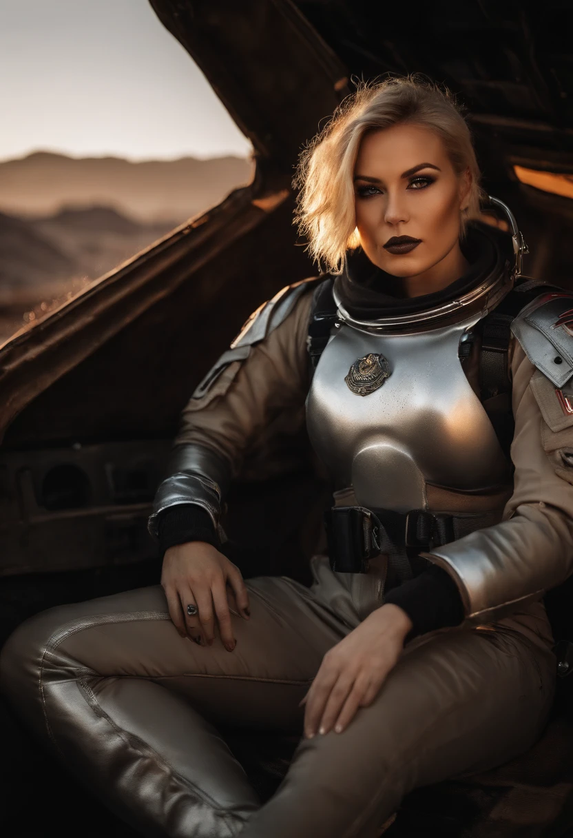 RAW photo, Post-apocalyptic, close-up portrait photo of a curvy 28 yo Russian girl with Edgy Inverted Bob in a silver flight suit with red lights a Space Force logo on chest, tattoos, Champagne blond hair, in tattered dirty clothes, leathery skin, rugged, eyes that have seen too much, battle-worn, a fiery desert landscape, dust storms, a blazing sun, intense color, (high detailed skin:1.2), 8k uhd, dslr, soft lighting, high quality, film grain, Fujifilm XT3