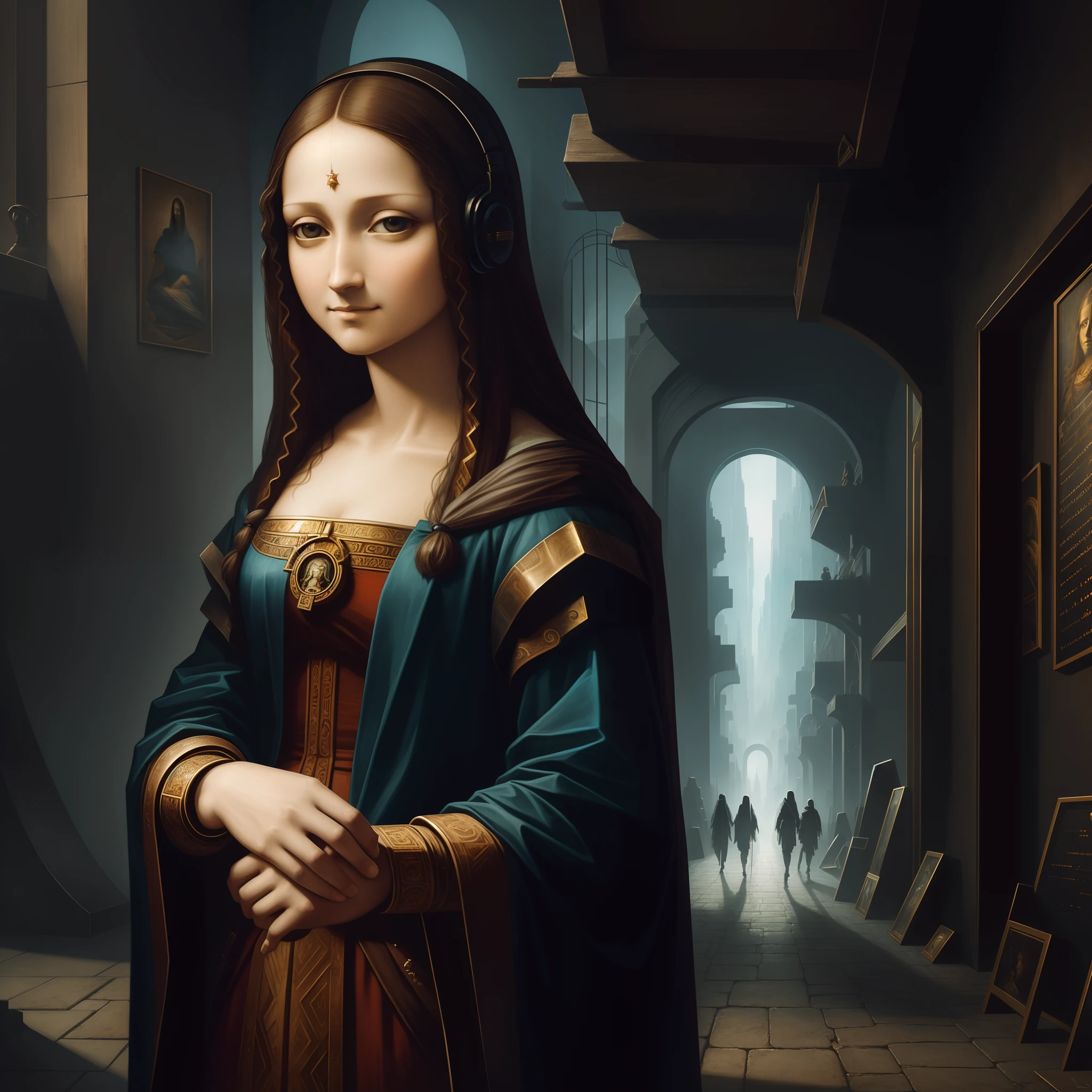 1 monalisa, In Leonardo da Vinci's iconic painting of the Monalisa, the enigmatic figure now transforms into a cyberpunk character in the distant future. Dressed in modern robes, and headphones. The enigmatic smile on his face takes on an even more intriguing aspect, revealing the ancestral knowledge and wisdom. In the background, a futuristic city. The painting conveys a sense of mystery and power, revealing magic that is beyond the ordinary and arousing the curiosity and fascination of all who contemplate it