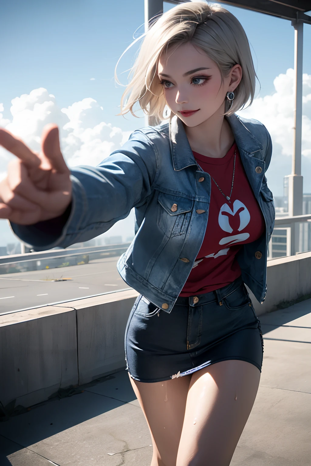 1girl in, Solo, Android 18, Silver blonde hair, Blue eyes, Short hair, Jewelry, earrings, Smile, Jacket, Looking to the side, denim, Denim jacket, Upper body, makeup、cloud, skyporn, day, Looking away, Blue sky, 鎖骨, Leather Mini Skirt、Amitant、Full body painting of boots、 very Bigger breasts，busty figure, fleshy feeling, Sweat profusely, perfect  detail, High-resolution fine textures, depth of field effect, Vivid lighting effects, lightand shade contrast, Ray tracing and flare effects, Best texture, A futuristic, ((fighting poses))、Low kick