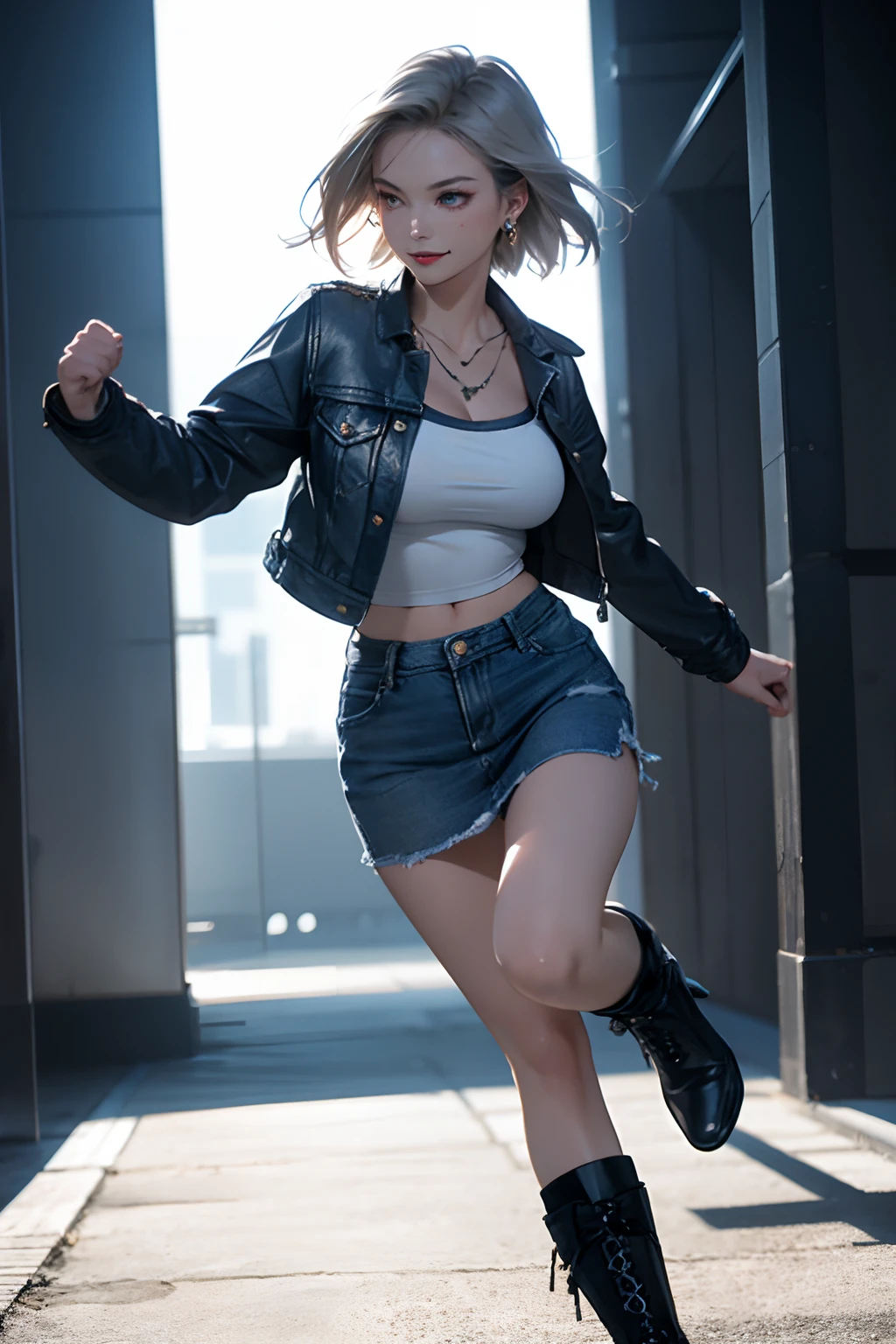 1girl in, solo, android 18, Silver blonde hair, blue eyes, Short hair, Jewelry, earrings, Smile, Jacket, Looking to the side, denim, Denim jacket, Upper body, makeup、cloud, skyporn, day, Looking away, Blue sky, clavicle, Leather Mini Skirt、Amitant、Full body painting of boots、 very Bigger breasts,busty figure, fleshy feeling, Sweat profusely, perfect detail, High-resolution fine textures, depth of field effect, Vivid lighting effects, lightand shade contrast, Ray tracing and flare effects, Best texture, A futuristic, (((fighting poses)))、Abrasions on the fists, angle from below, naked pussy