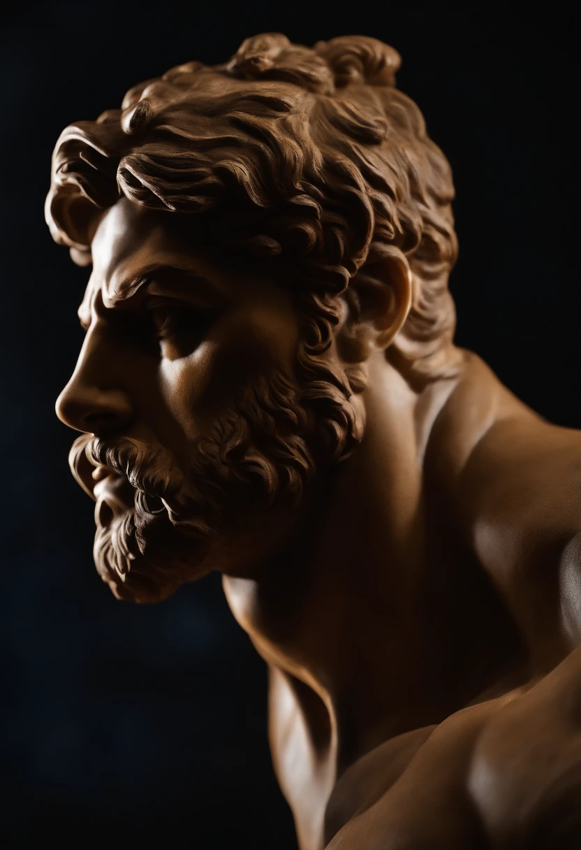Stoic Greek Hercules style statue with highlighted muscles dark background