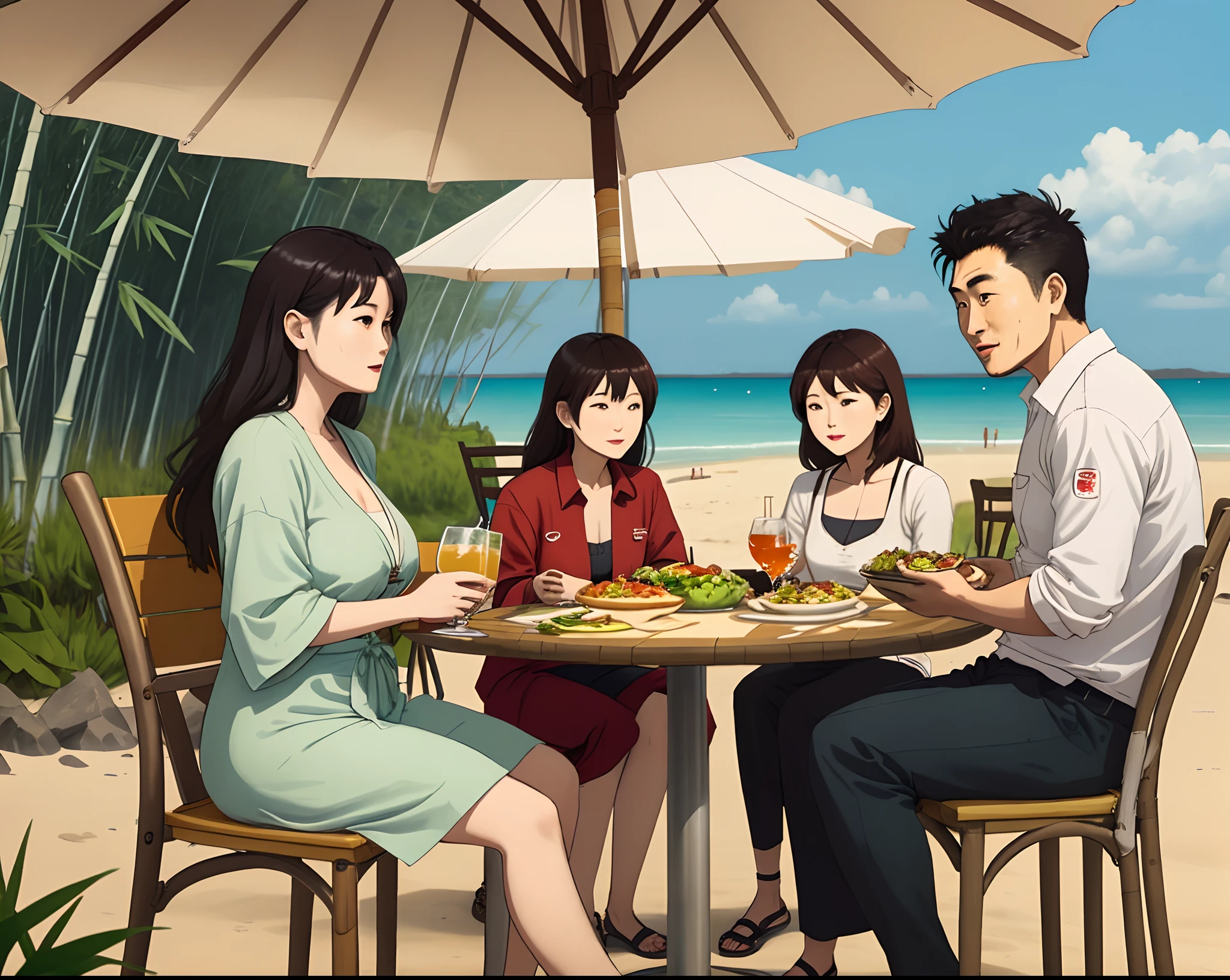 Three women and one men sitting on chair and table having food and drink on beach with bamboo tree