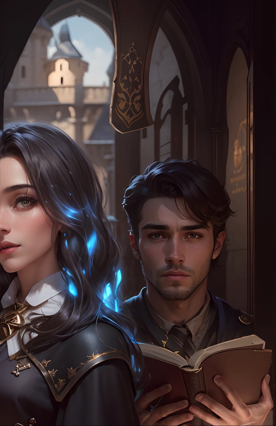 Uma mulher de cabelo cacheado e castanho olhando para o espectador, The background is seen from inside a castle, homem bonito de cabelo preto e olhos vermelhos segurando um livro, estudantes de Hogwarts, sonserina