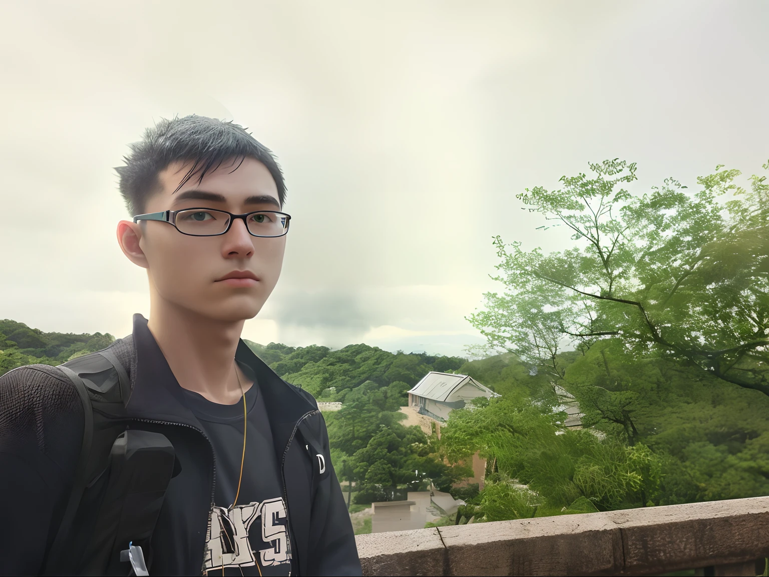 an cool university student, (male), ((short fade hair)) wears narrow mental frame glasses, wear gray coat, white plain T-shirt, black jeans ,((green background)),(anime style), (cinematic lighting), (ray tracing), ((reflection light)), ((half-body-shot)), atmospheric perspective, masterpiece, accurate, ((best quality)), high quality, super detail, high details, anatomically correct, highRes, 1080p,