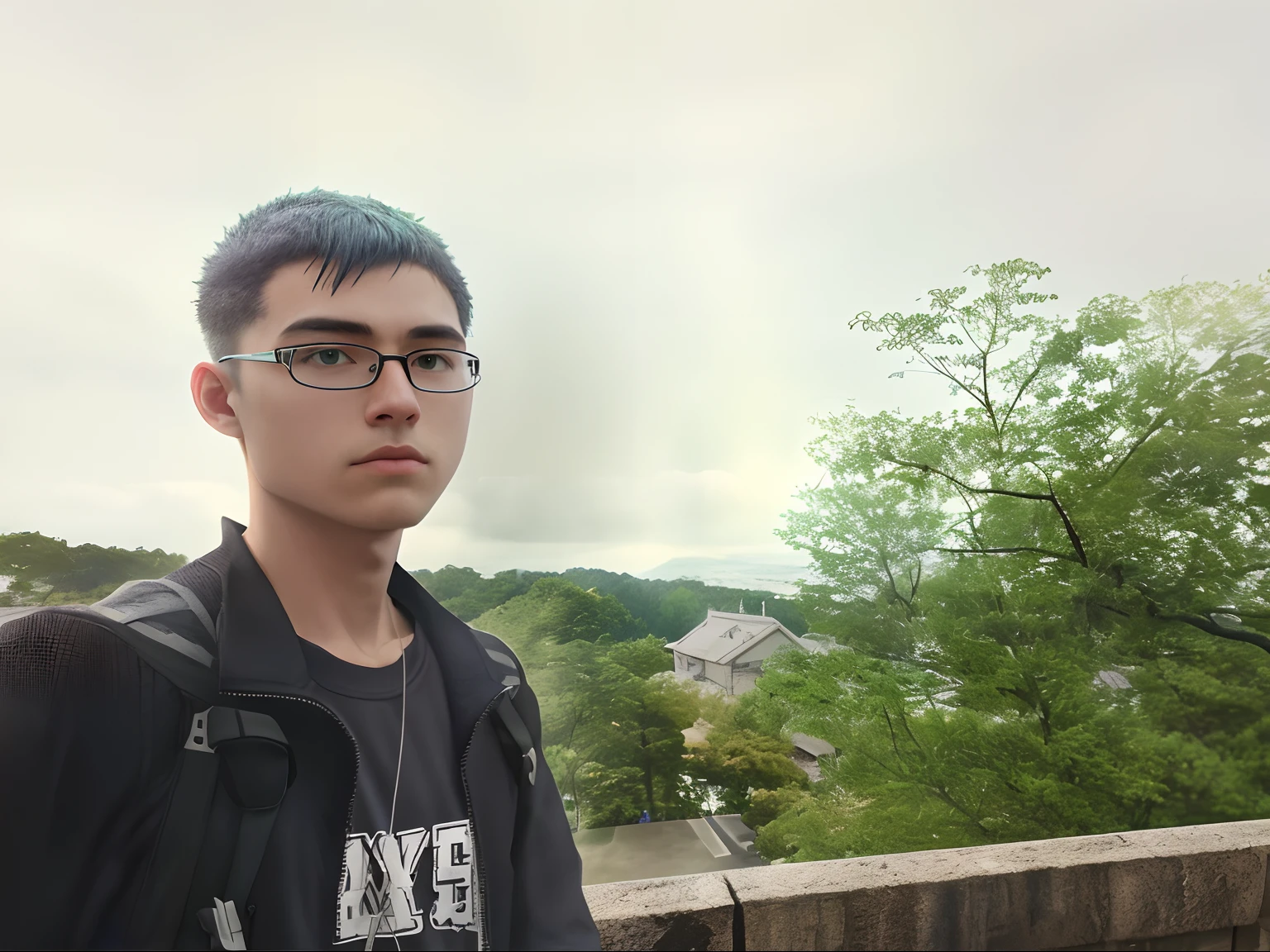 an cool university student, (male), ((short fade hair)) wears narrow mental frame glasses, wear gray coat, white plain T-shirt, black jeans ,((green background)),(anime style), (cinematic lighting), (ray tracing), ((reflection light)), ((half-body-shot)), atmospheric perspective, masterpiece, accurate, ((best quality)), high quality, super detail, high details, anatomically correct, highRes, 1080p,