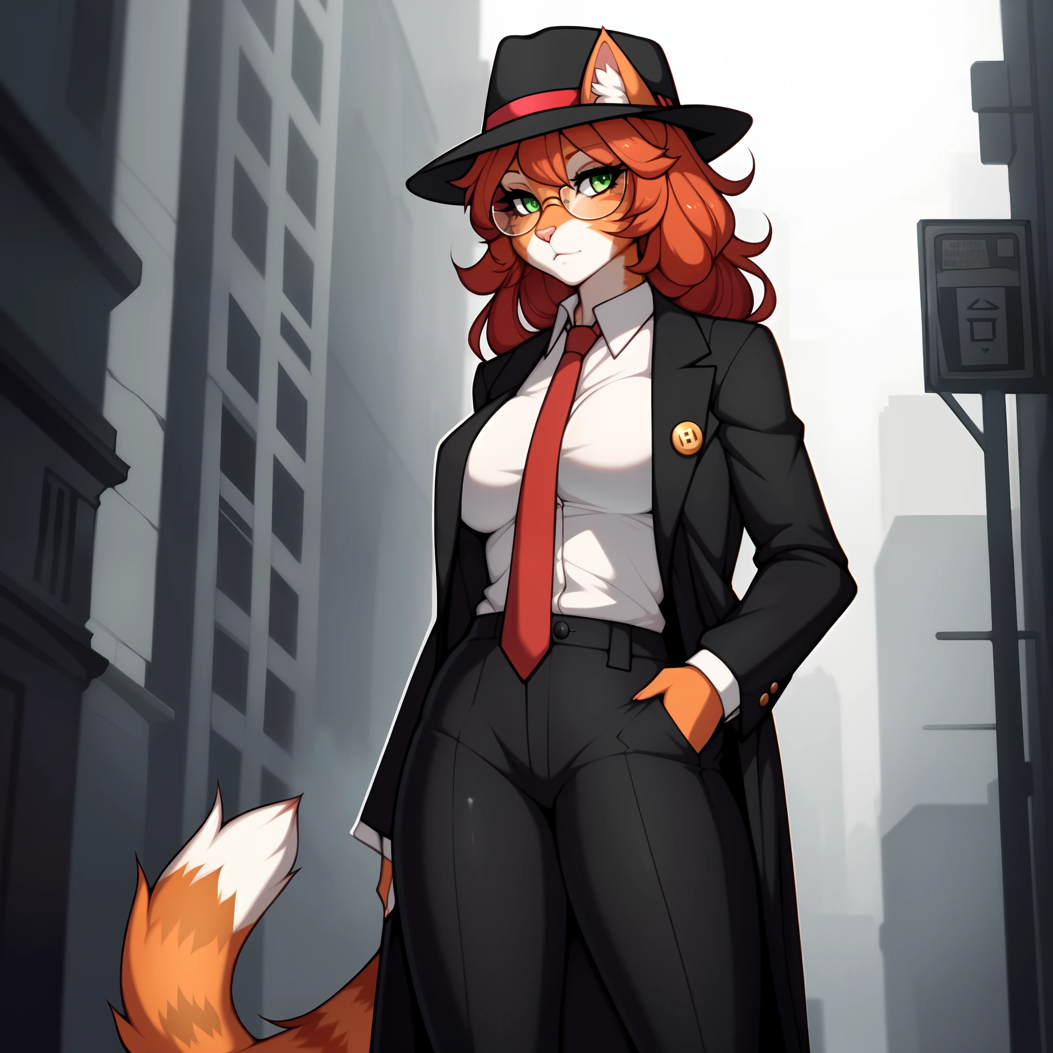 best quality, masterpiece, highres, solo, {black business suit:1.40}, {tie:1.20}, {sunglasses:1.25}, {white gloves:1.15}, {white shirt:1.10}, {black skirt:1.15}, {smoking:1.20}, handsome, {flametail_arknights:1.15}, animal_ears, red_hair, squirrel_ears, long_hair, smile, bangs, squirrel_girl, brown_eyes, upper_body, tail, squirrel_tail