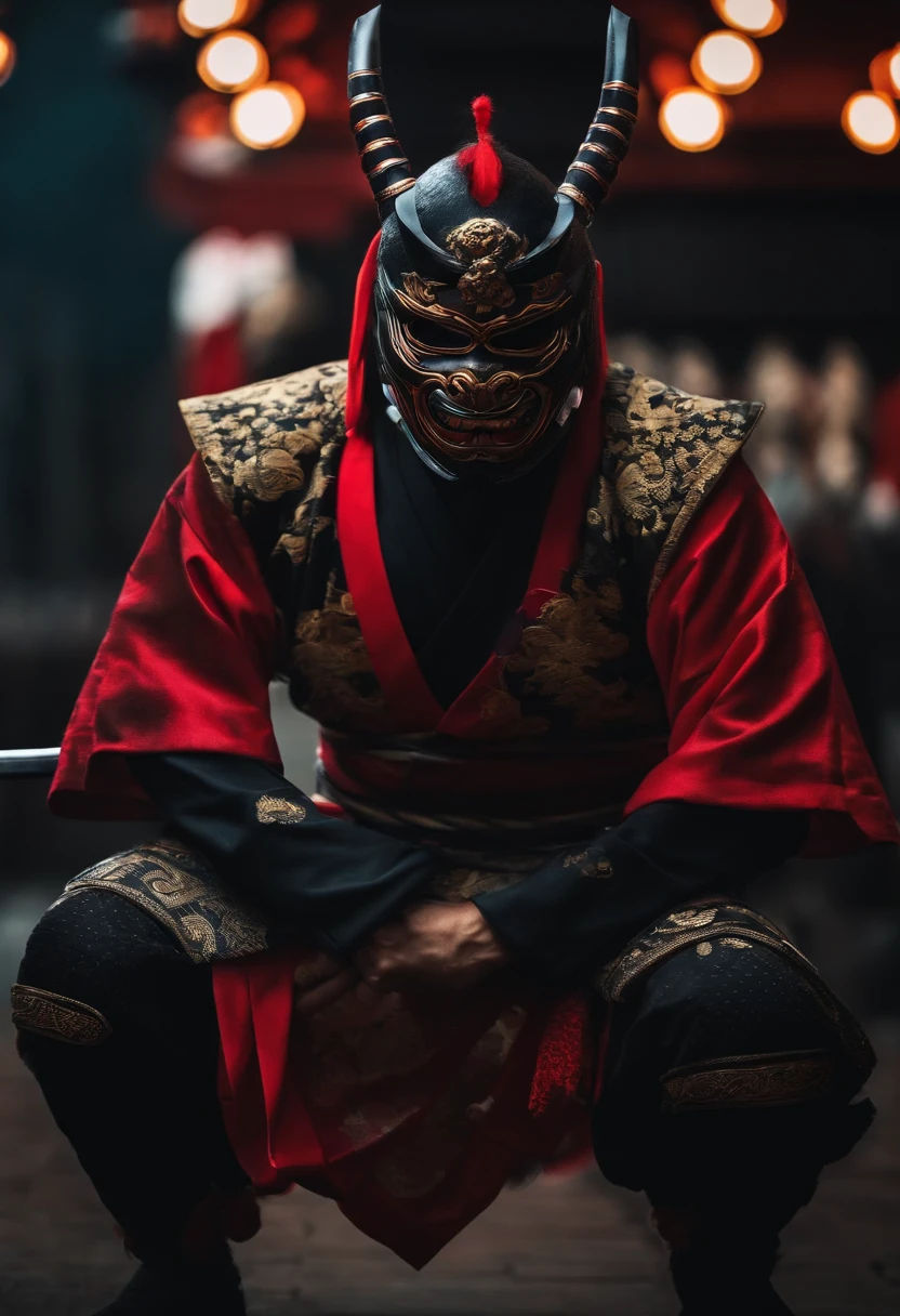 a ninja with a Japanese oni mask, com uma roupa preta, menacingly