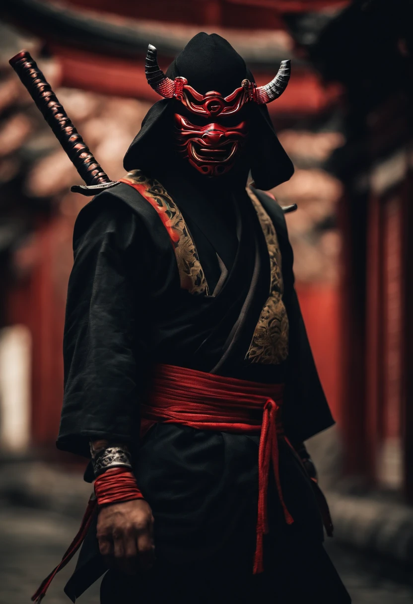 a ninja with a Japanese oni mask, com uma roupa preta, menacingly