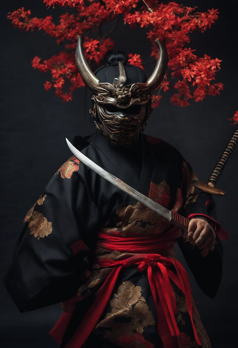 a ninja with a Japanese oni mask, com uma roupa preta, menacingly