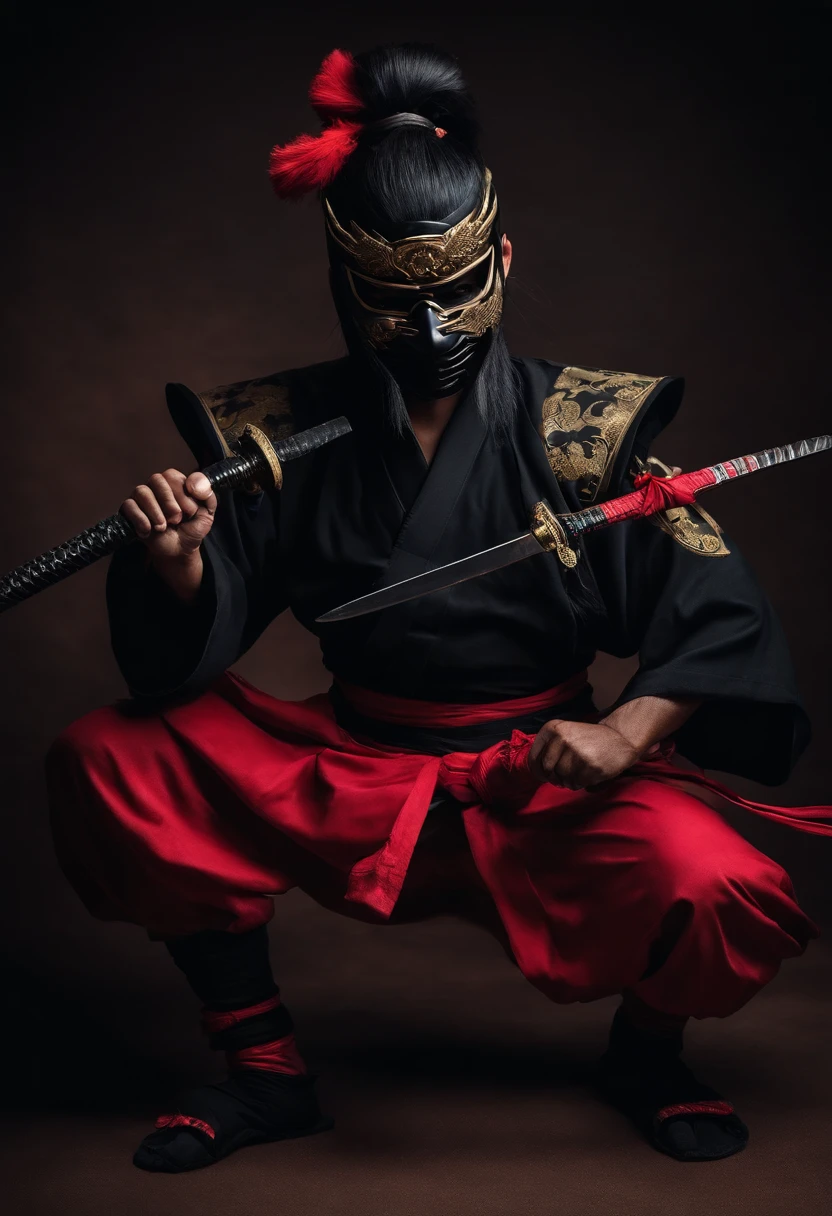 a ninja with a Japanese oni mask, com uma roupa preta, menacingly