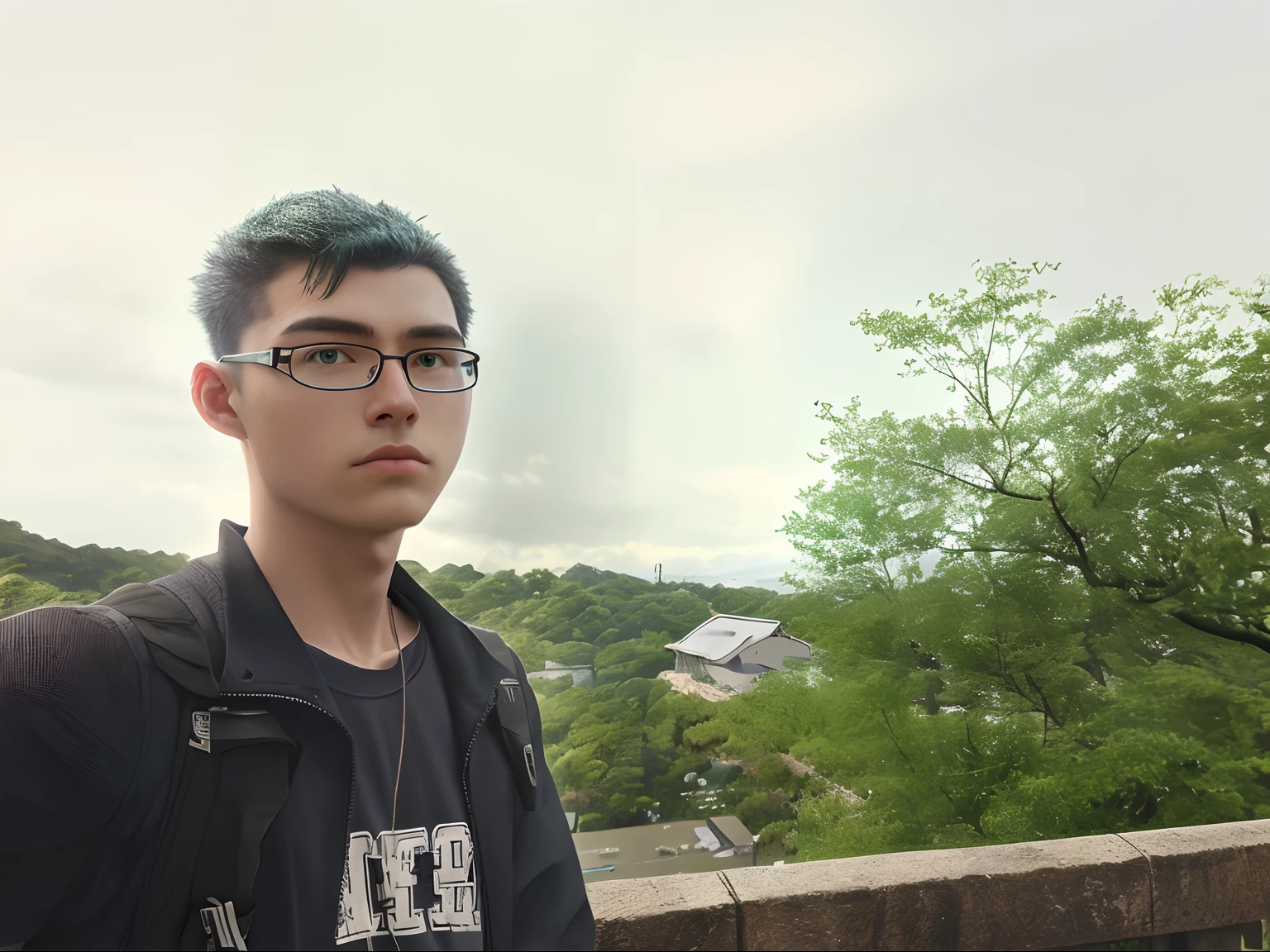 an cool university student, (male), ((short fade hair)) wears narrow mental frame glasses, wear gray coat, white plain T-shirt, black jeans ,((green background)),(anime style), (cinematic lighting), (ray tracing), ((reflection light)), ((half-body-shot)), atmospheric perspective, masterpiece, accurate, ((best quality)), high quality, super detail, high details, anatomically correct, highRes, 1080p,