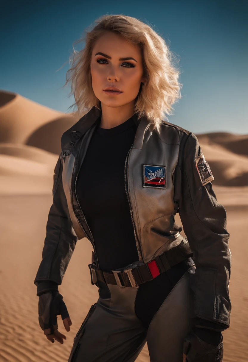 RAW photo, Post-apocalyptic, close-up portrait photo of a curvy 28 yo Russian girl with Edgy Inverted Bob in a silver flight suit with red lights a Space Force logo on chest, tattoos, Champagne blond hair, in tattered dirty clothes, leathery skin, rugged, eyes that have seen too much, battle-worn, a fiery desert landscape, dust storms, a blazing sun, intense color, (high detailed skin:1.2), 8k uhd, dslr, soft lighting, high quality, film grain, Fujifilm XT3