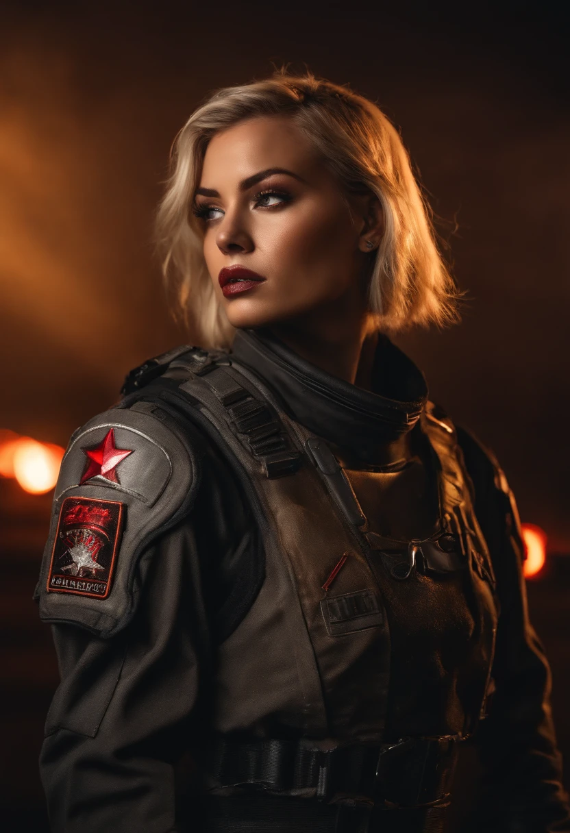 RAW photo, Post-apocalyptic, close-up portrait photo of a curvy, sexy 21 yo Texas girl with Edgy Inverted Bob in a silver flight suit with red lights a Space Force logo on chest, tattoos, captivating, Champagne blond hair, in tattered dirty clothes, rugged, eyes that have seen too much, battle-worn, a fiery desert landscape, dust storms, a blazing sun, intense color, (high detailed skin:1.2), 8k uhd, dslr, soft lighting, high quality, film grain, Fujifilm XT3
