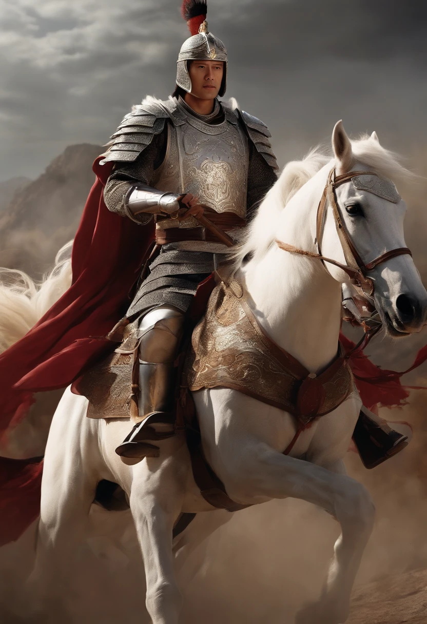 Zhao Yun Young General White Robe, White Helmet, White Armor, White Horse, Spear, Hilly Area, 100,000 Enemy Troops Surrounded from a Distance, Blood Stains, Wolf Smoke, Golden Iron Horse