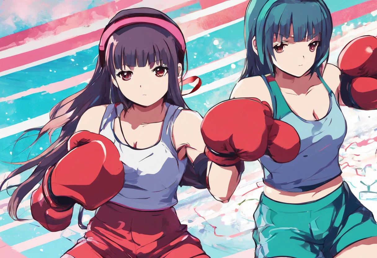NSFW , on the beach boxing ring , Small woman and big woman , Fullbody shot , Wear Monokini swimsuit with pantyhose , Female boxing Face to face, oversized breasts.